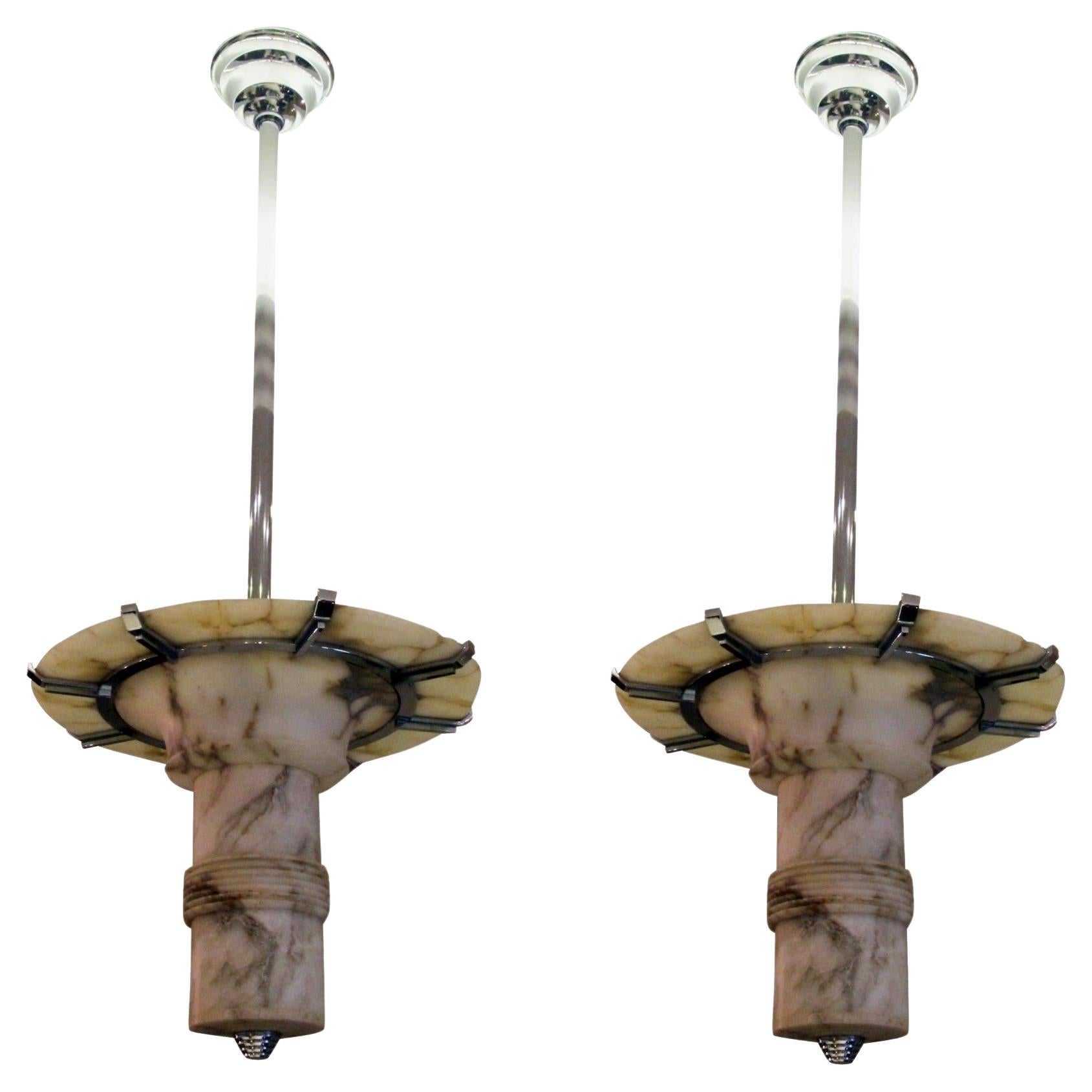 2 Chandeliers in Alabaster and chrome , Art Deco Style, 1935 For Sale