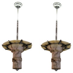 2 Chandeliers in Alabaster and chrome , Art Deco Style, 1935