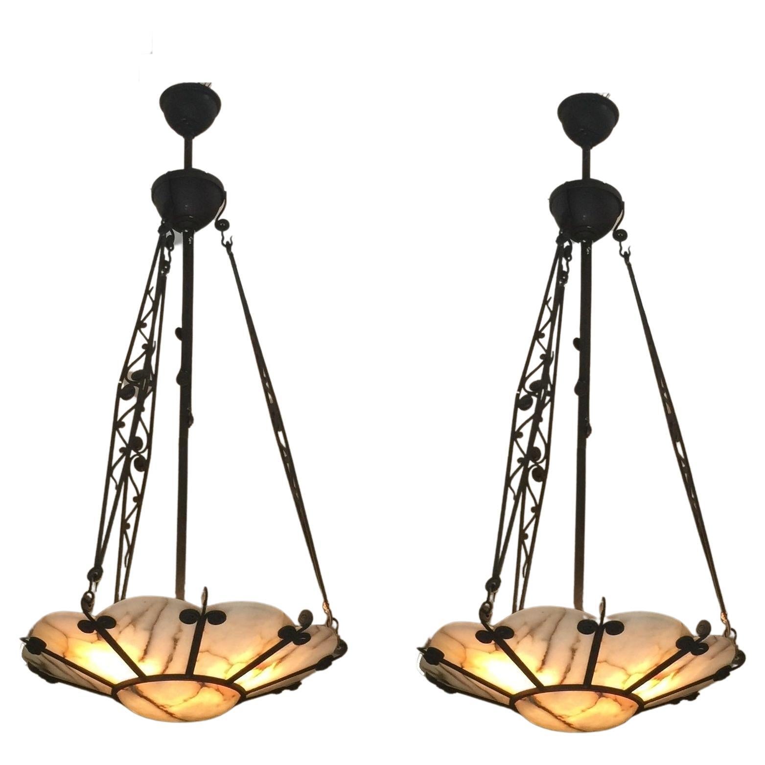 2 Chandeliers in Alabaster, Style: Jugendstil, Art Nouveau, Liberty, 1915