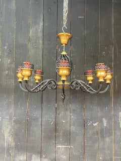 2 Chandeliers in Lacquered Metal and Brass, circa 1950