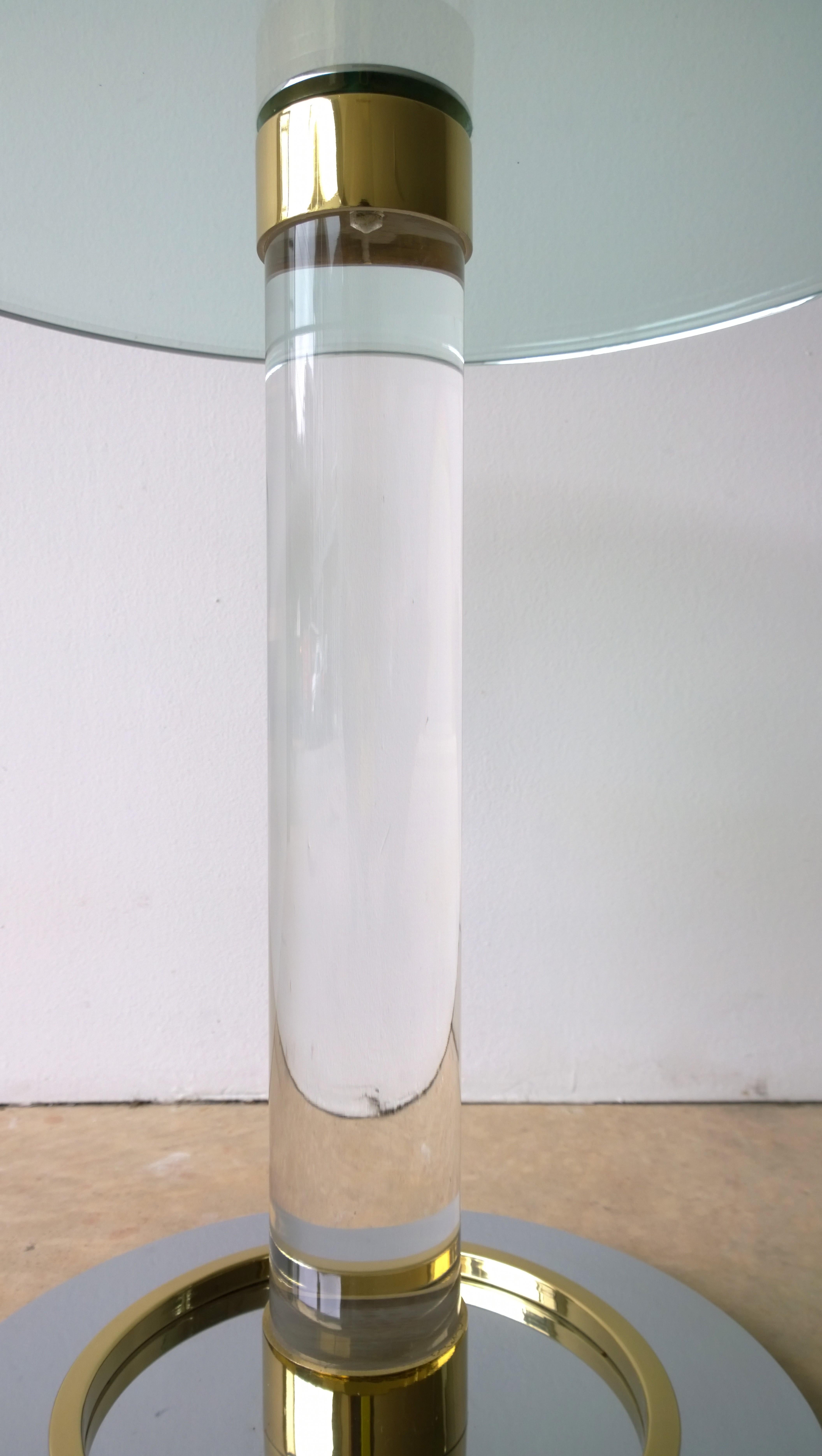 2 Charles Hollis Jones Stair-Stepped Lucite, Glass, Brass and Chrome Side Tables For Sale 1