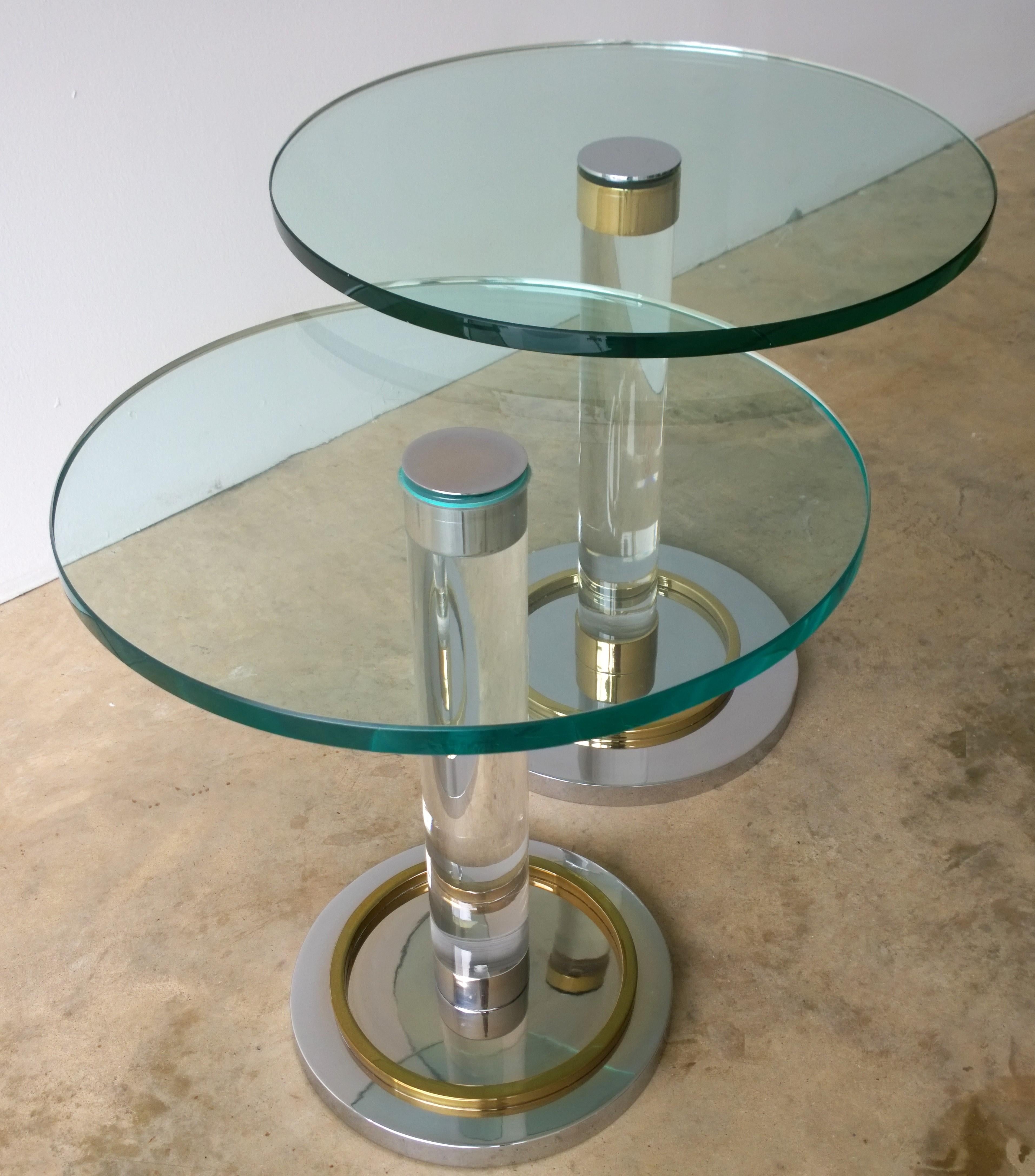 2 Charles Hollis Jones Stair-Stepped Lucite, Glass, Brass and Chrome Side Tables For Sale 5