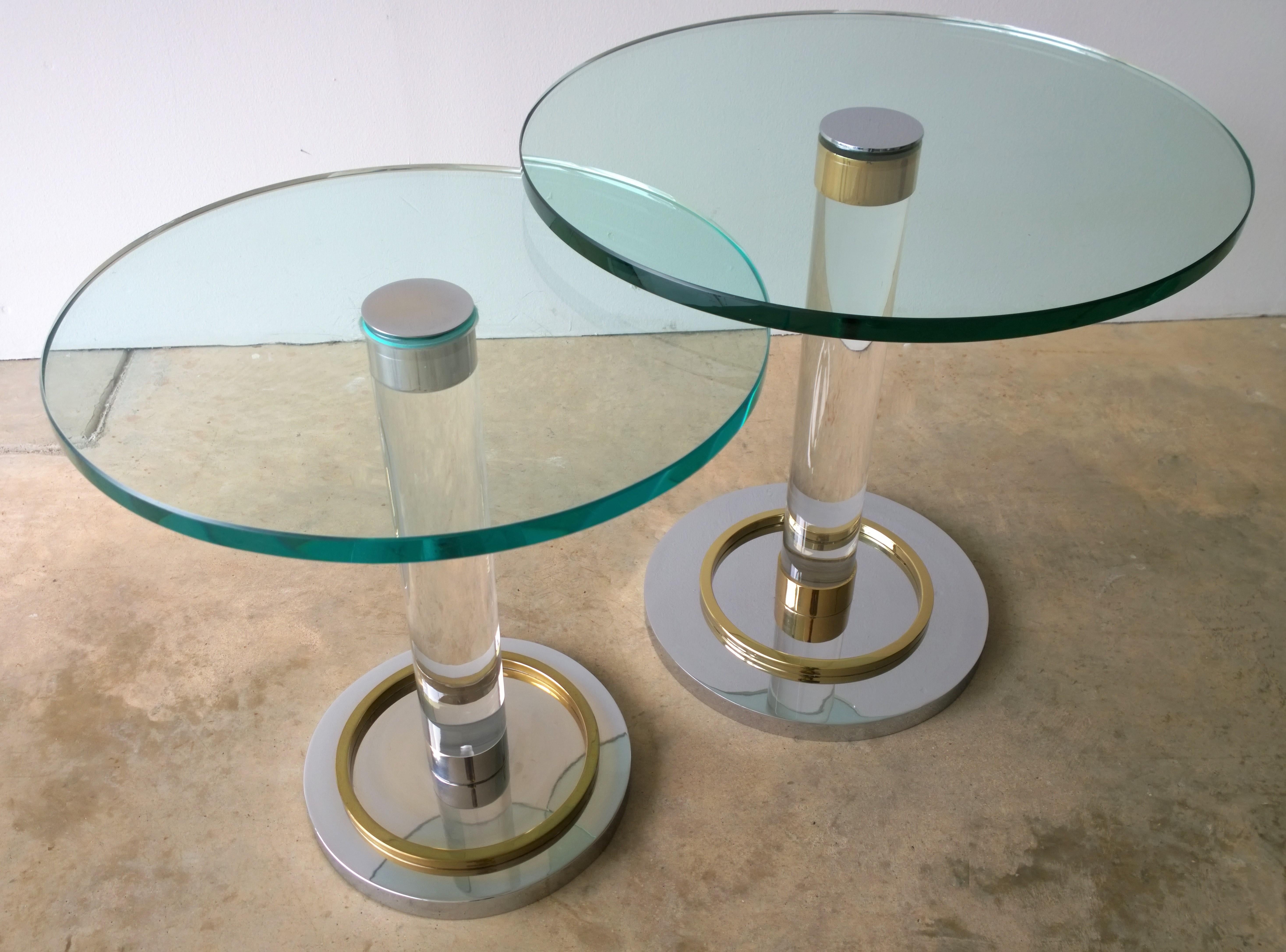 2 Charles Hollis Jones Stair-Stepped Lucite, Glass, Brass and Chrome Side Tables For Sale 6