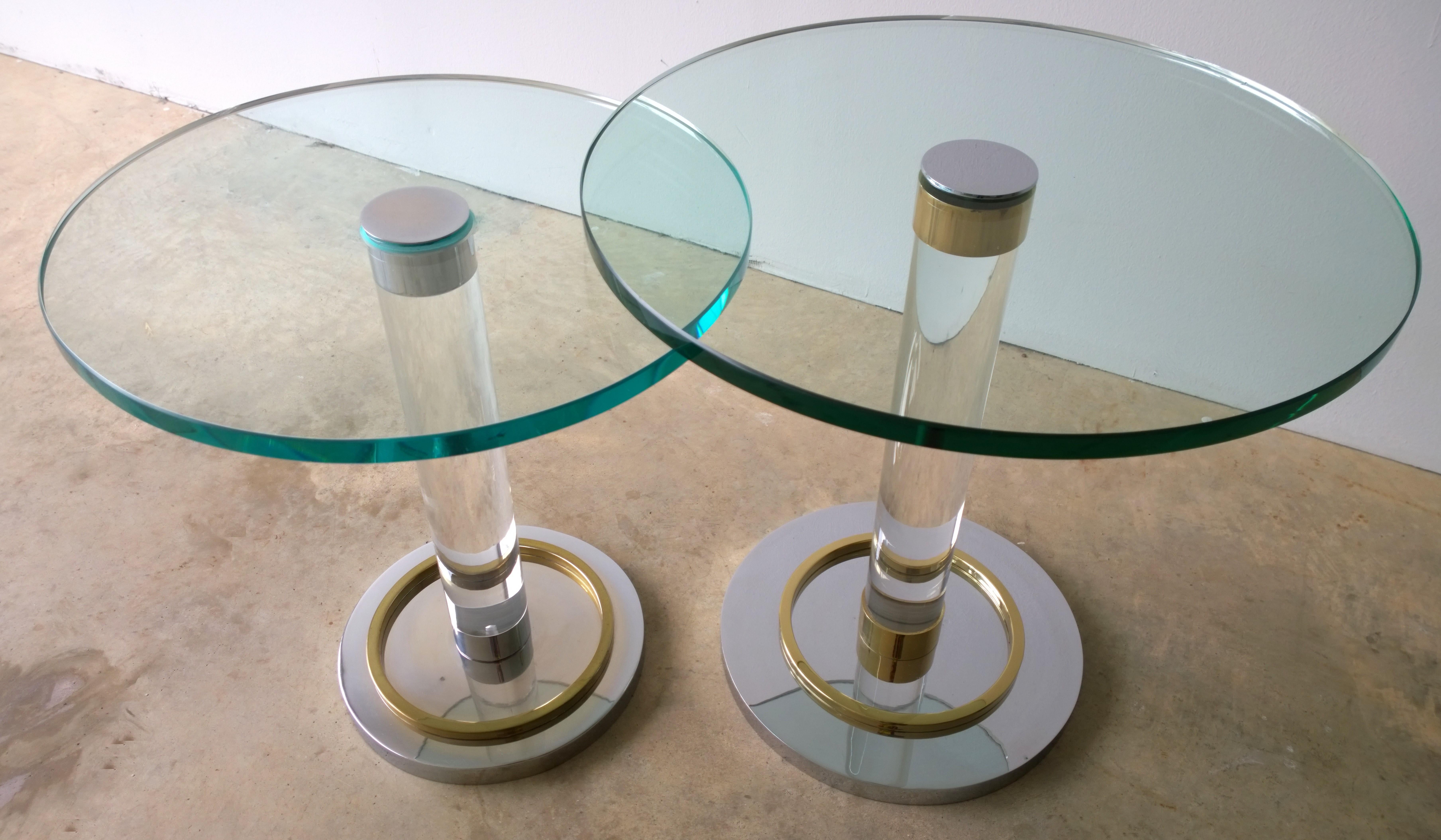 2 Charles Hollis Jones Stair-Stepped Lucite, Glass, Brass and Chrome Side Tables For Sale 7
