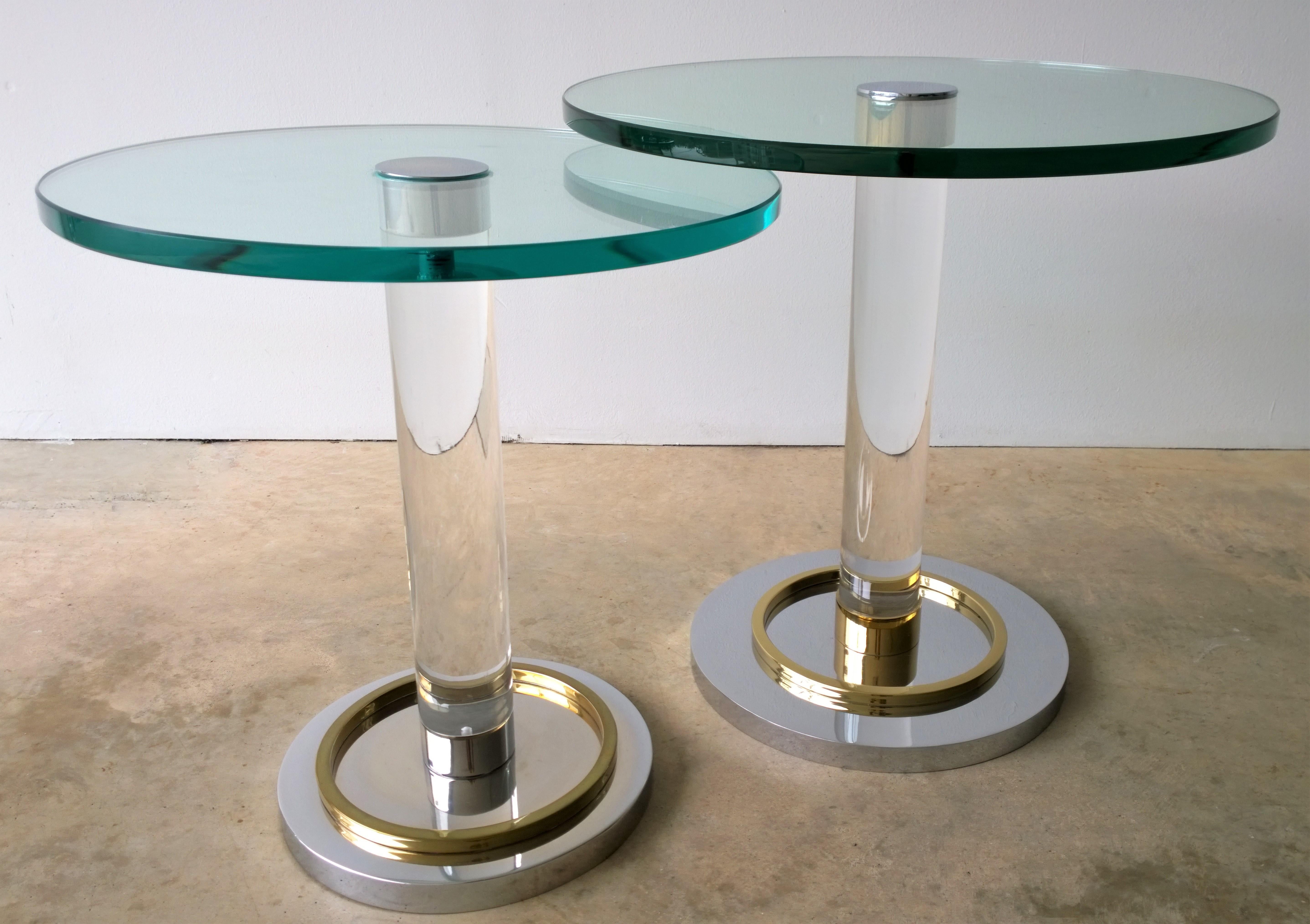 2 Charles Hollis Jones Stair-Stepped Lucite, Glass, Brass and Chrome Side Tables For Sale 8