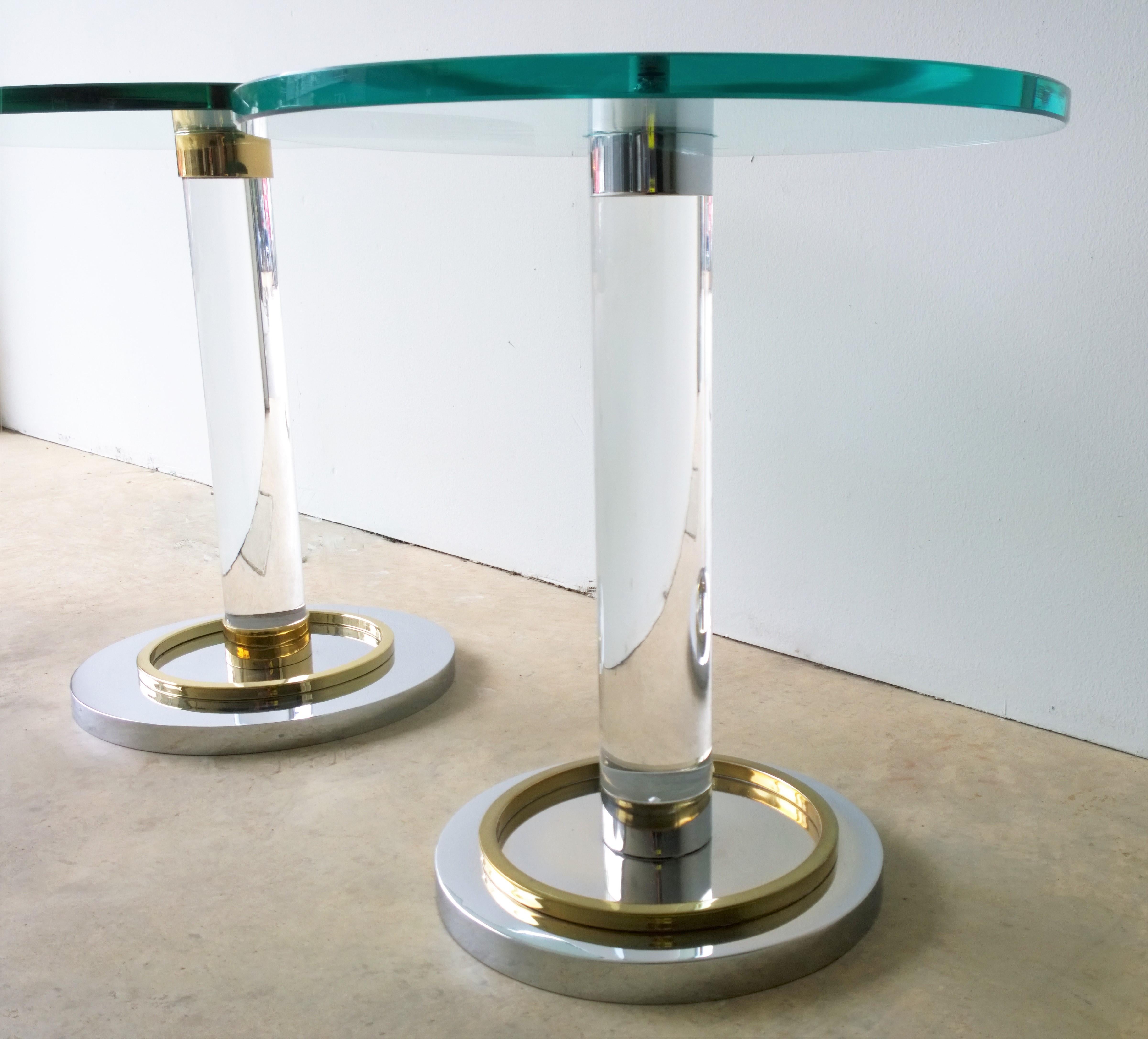 American 2 Charles Hollis Jones Stair-Stepped Lucite, Glass, Brass and Chrome Side Tables For Sale