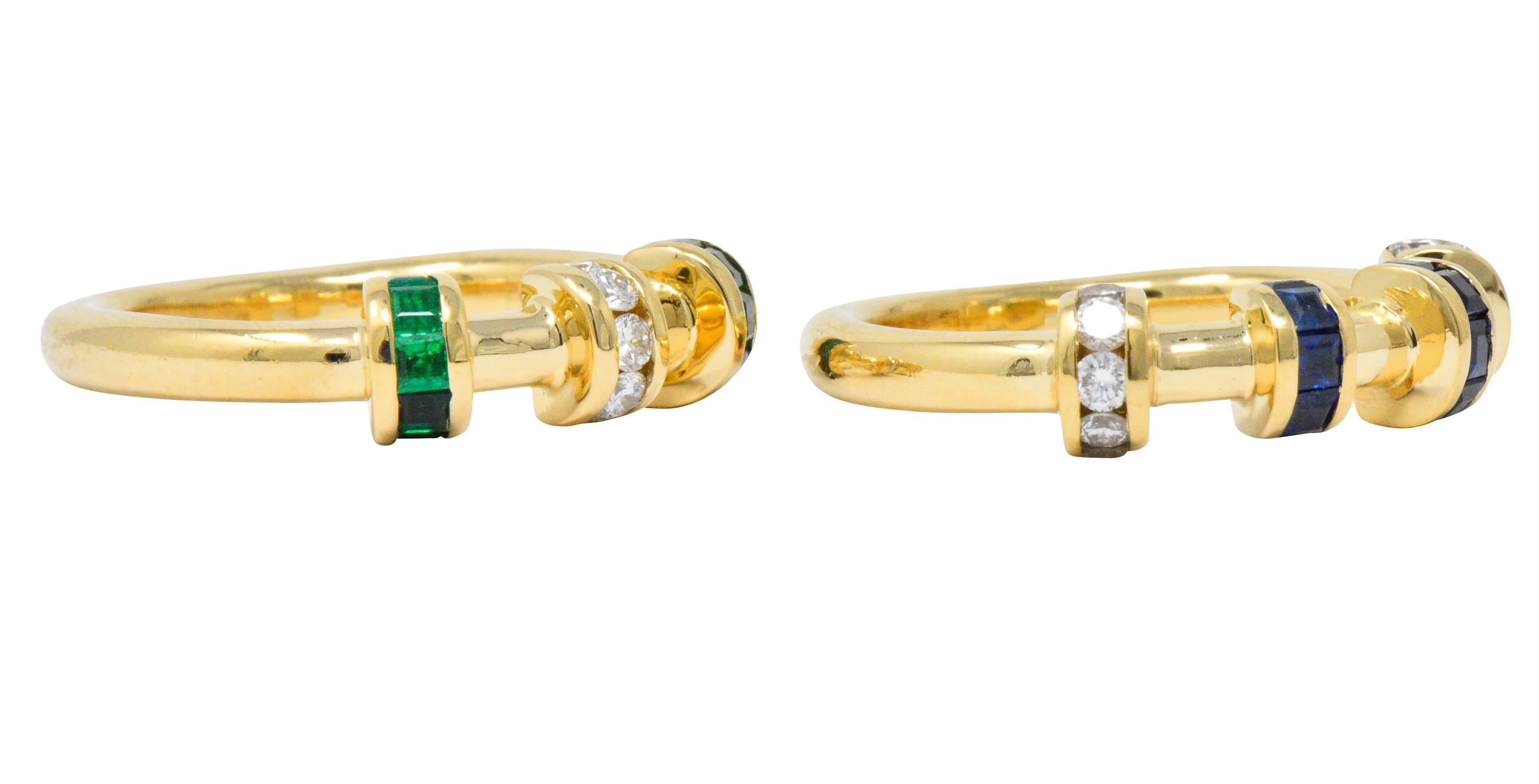 Women's or Men's 2 Charles Krypell 1.55 Carat Diamond Emerald Sapphire 18 Karat Gold Rings