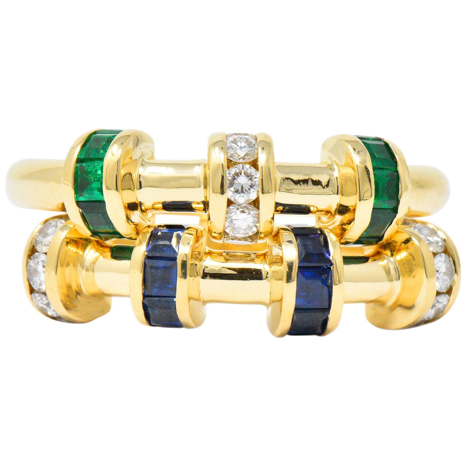 2 Charles Krypell 1.55 Carat Diamond Emerald Sapphire 18 Karat Gold Rings
