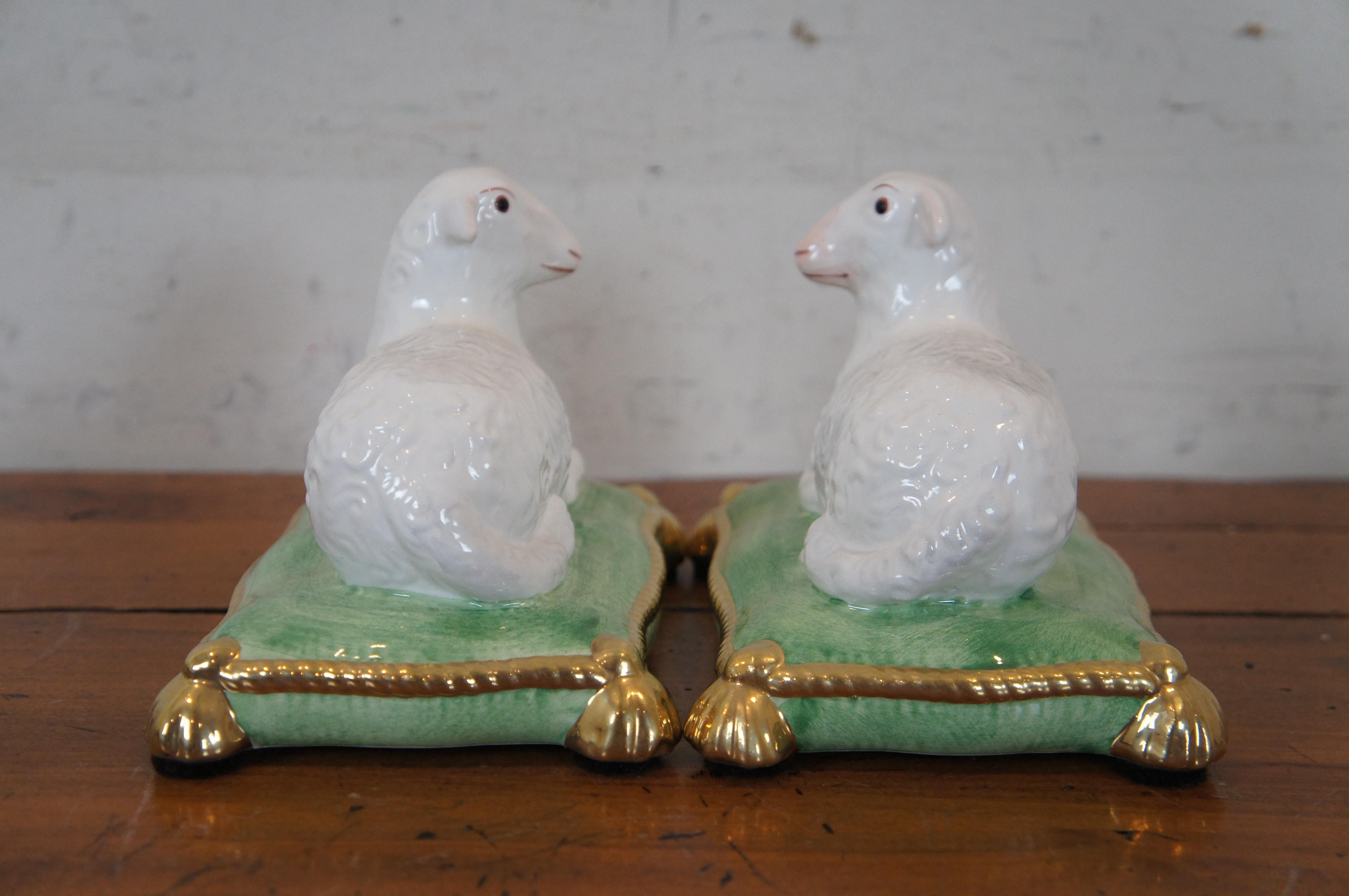 Victorian 2 Chelsea House Italian Porcelain Seated Sheep Lamb Figurines on Cushion 6