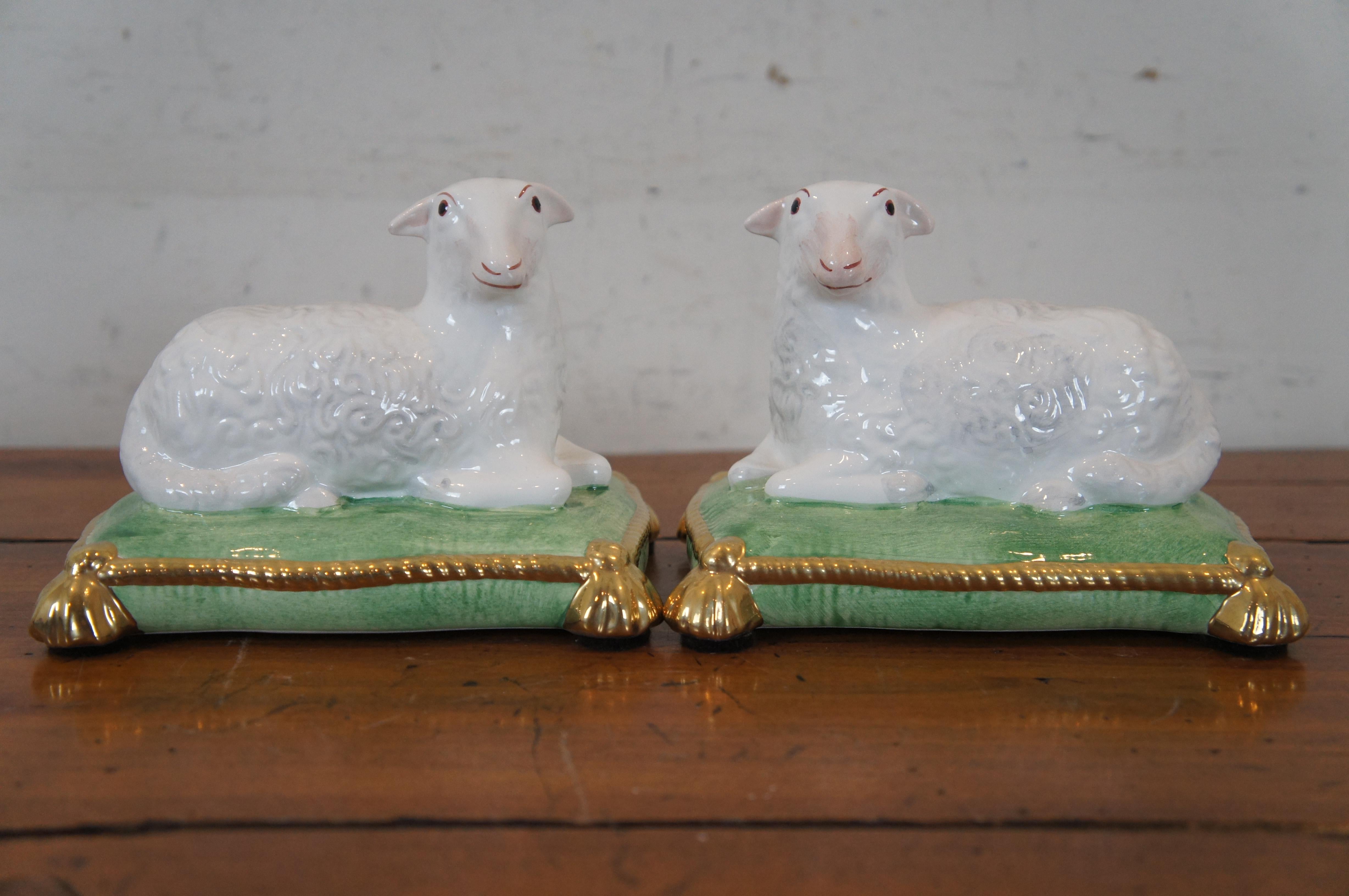 20th Century 2 Chelsea House Italian Porcelain Seated Sheep Lamb Figurines on Cushion 6