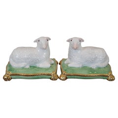 2 Chelsea House Italian Porcelain Seated Sheep Lamb Figurines on Cushion 6"