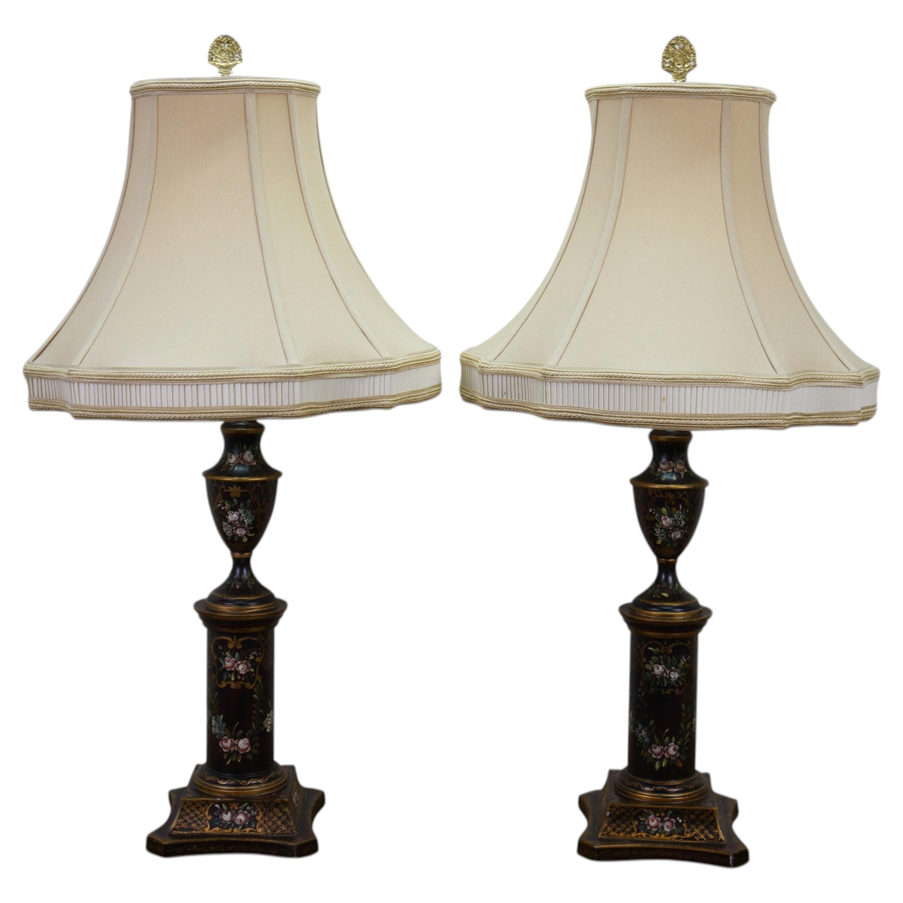 2 Chelsea House Neoclassical Black Tole Painted Trophy Urn Table Lamps 32" For Sale