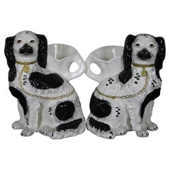 Antique 2 Chelsea House Staffordshire Porcelain Spaniel Mantel Spill Vase Pair