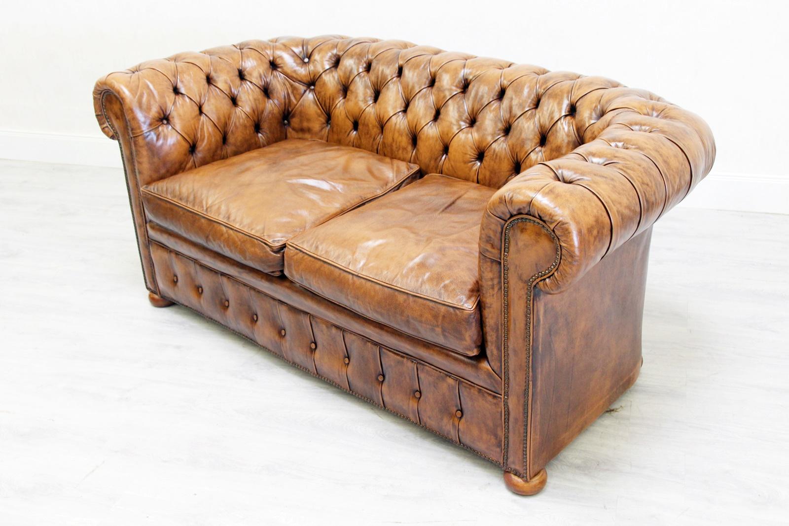 2 Chesterfield Sofa Leather Antique Vintage Couch English Chippendal For Sale 3