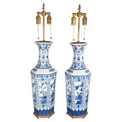 Vintage 2 Chinese Blue & White Porcelain Qing Dynasty Style Hexagonal Vase Table Lamps