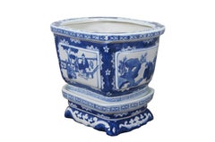 2 maceteros y soportes de porcelana china azul y blanca para bonsáis de Cantón