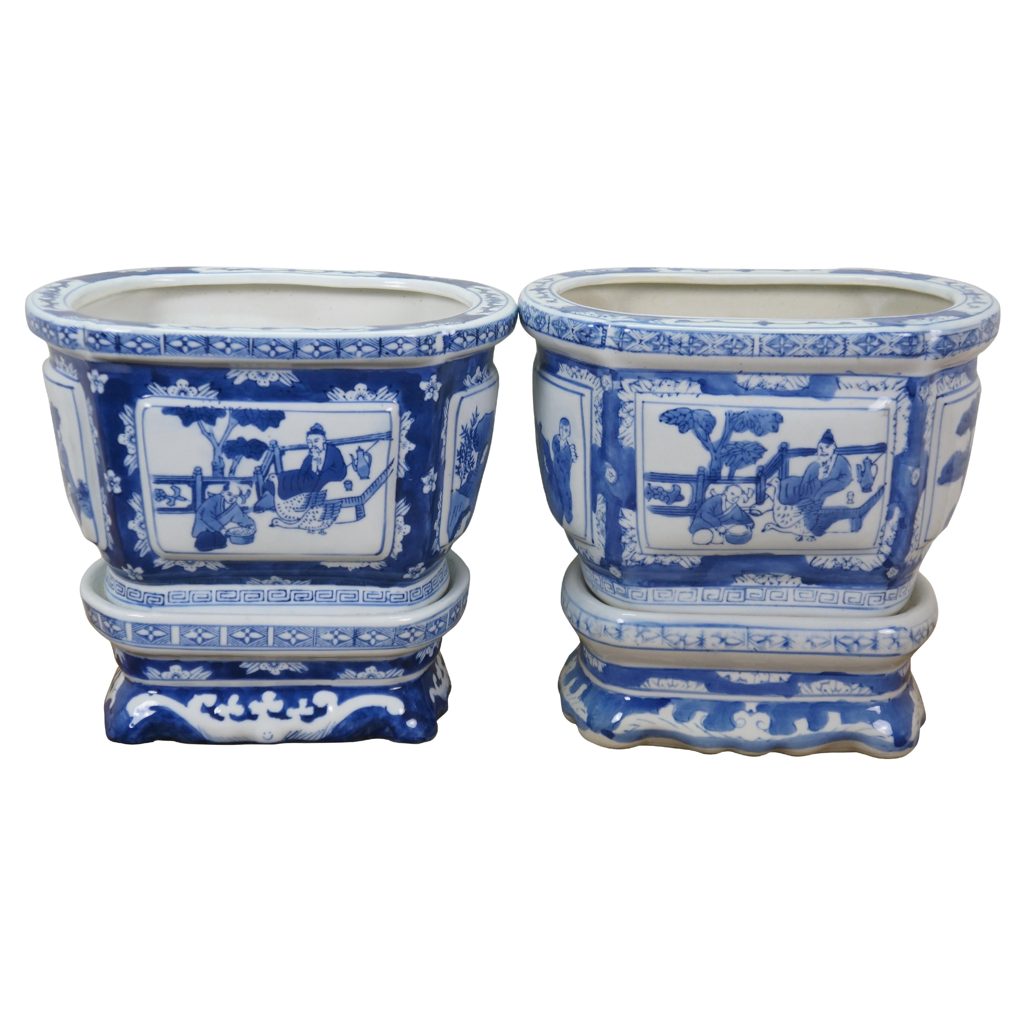 2 Chinese Canton Blue & White Porcelain Bonsai Tree Cachepot Planters & Stands