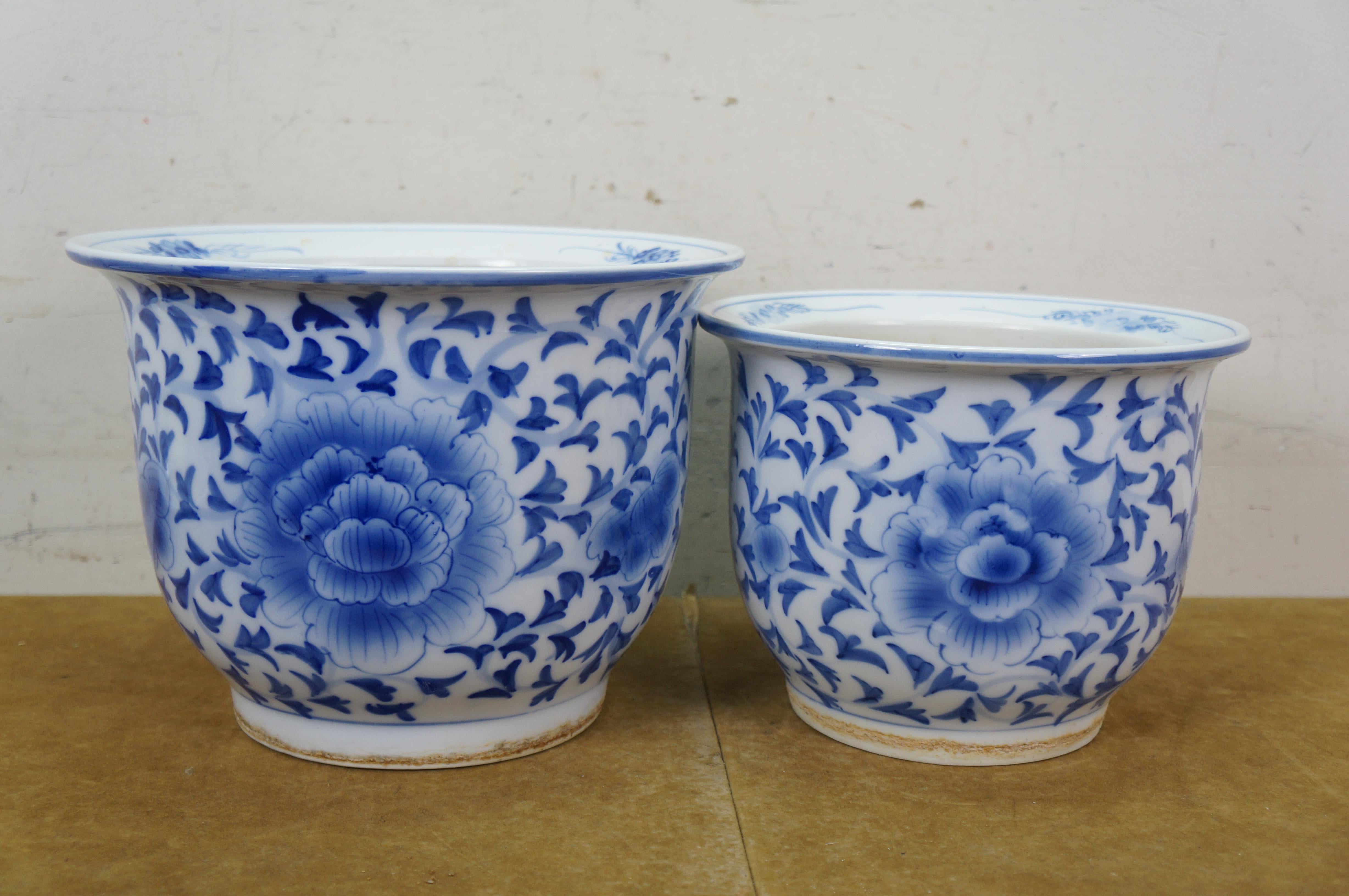 2 Chinese Chinoiserie Blue and White Lotus Flower Planters Cachepots ...