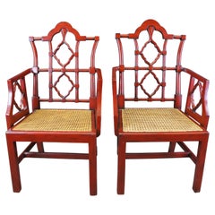 2 Chinese Chippendale Red Lacquered Faux Bamboo Caned Armchairs