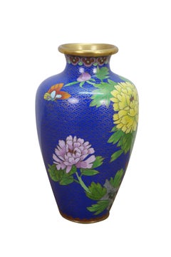 2 Chinese Cloisonne Cobalt Blue Floral Peonies Butterfly Vases Urns 7"