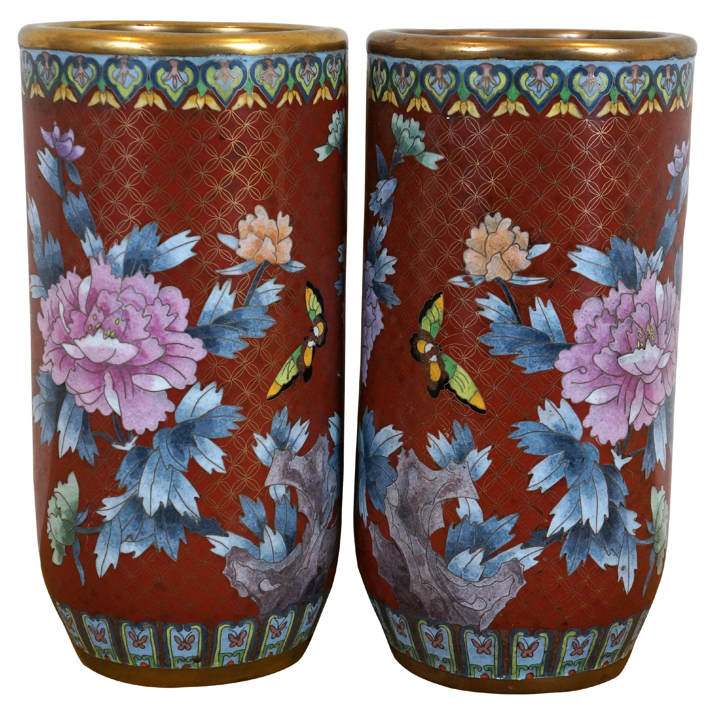 2 jarrones cilíndricos chinos de cloisonné con forma de mariposa crisantemo Urnas 13