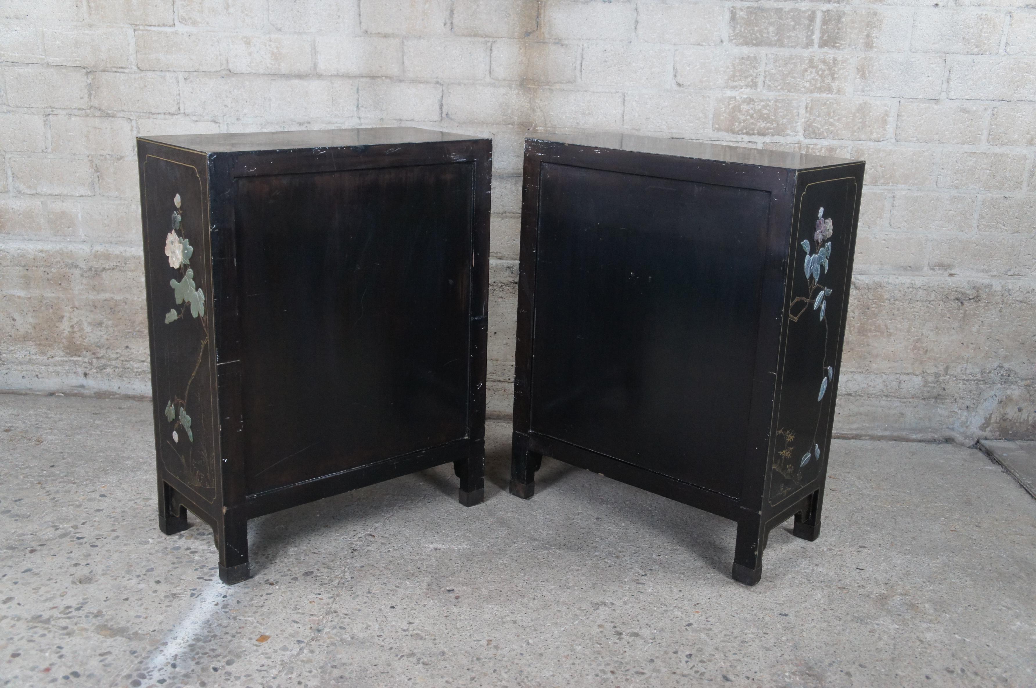 2 Chinese Export Black Lacquer Carved Soapstone Scholars Cabinets Console Chests For Sale 5