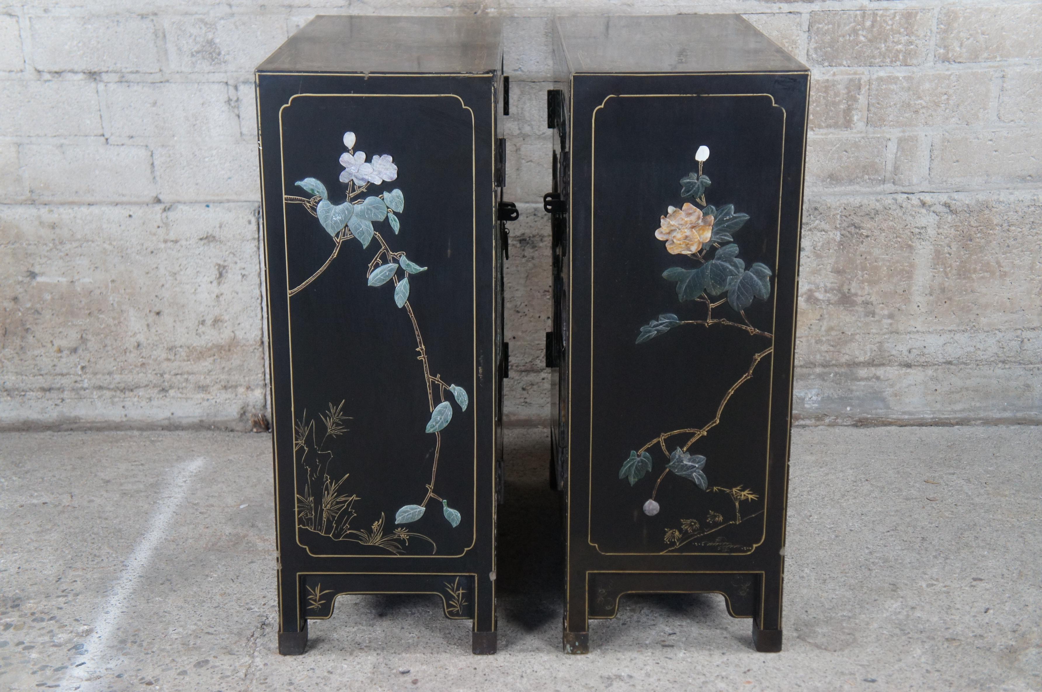 2 Chinese Export Black Lacquer Carved Soapstone Scholars Cabinets Console Chests For Sale 6