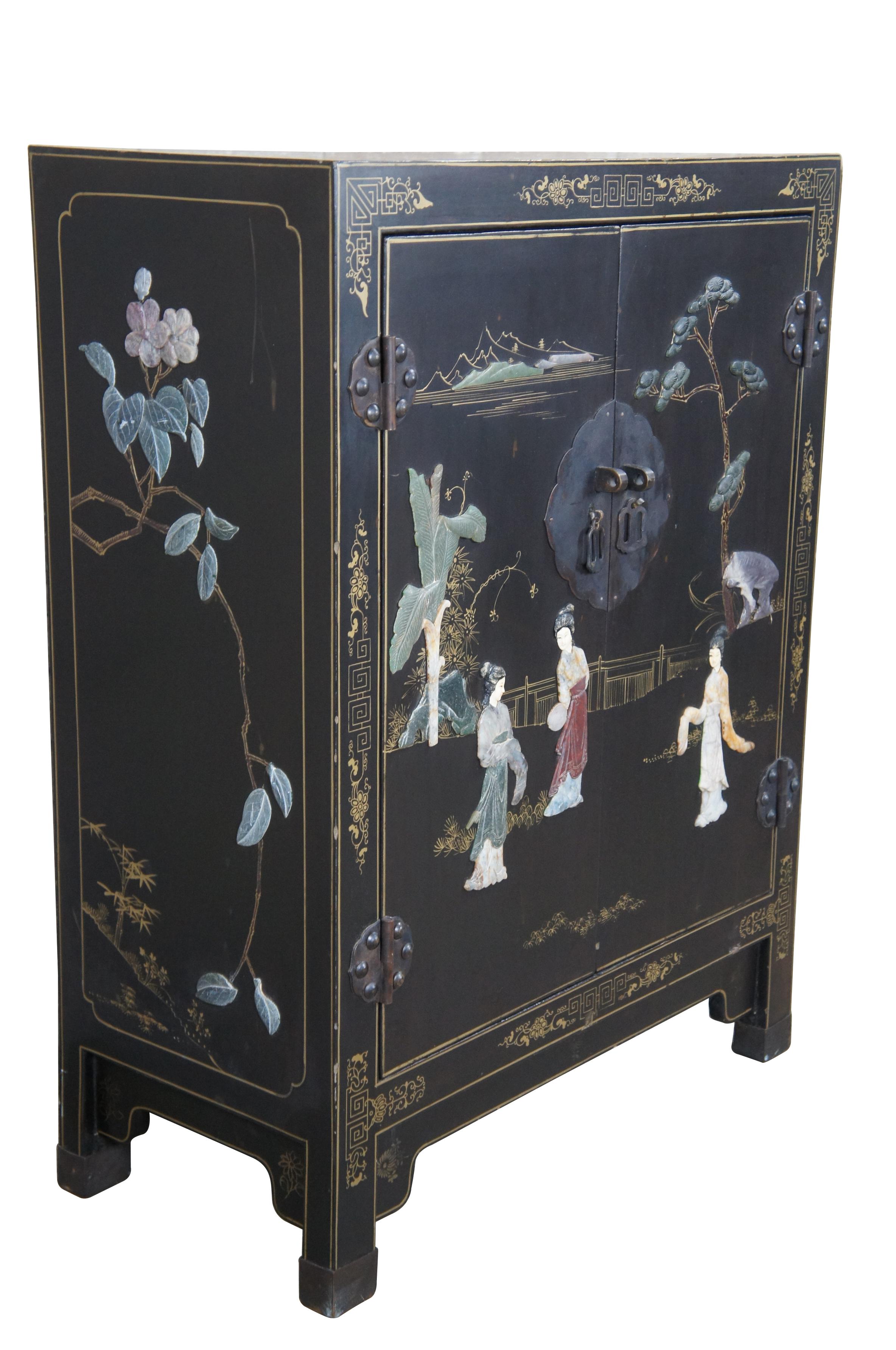 Chinoiserie 2 Chinese Export Black Lacquer Carved Soapstone Scholars Cabinets Console Chests For Sale