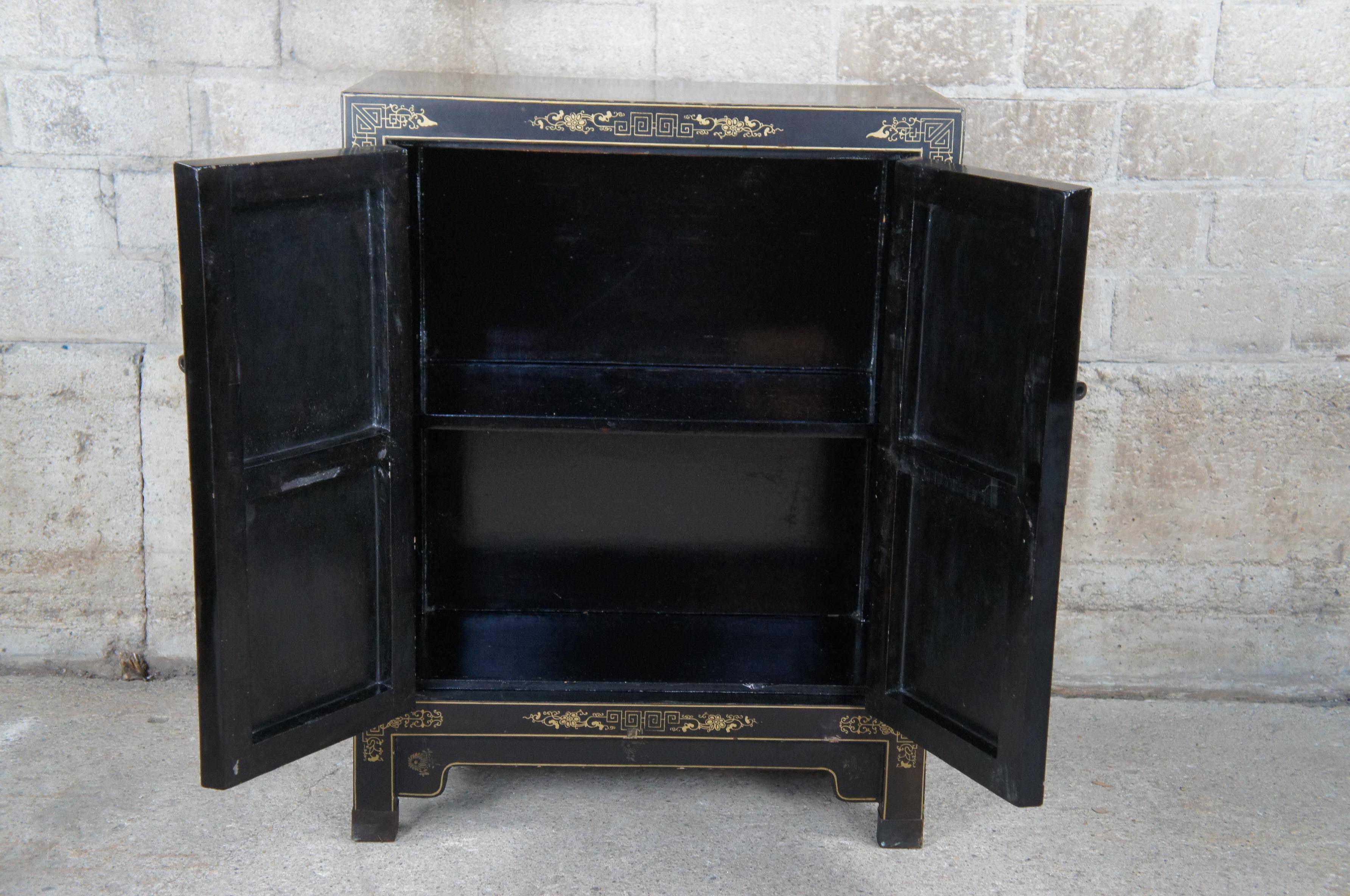 20th Century 2 Chinese Export Black Lacquer Carved Soapstone Scholars Cabinets Console Chests For Sale