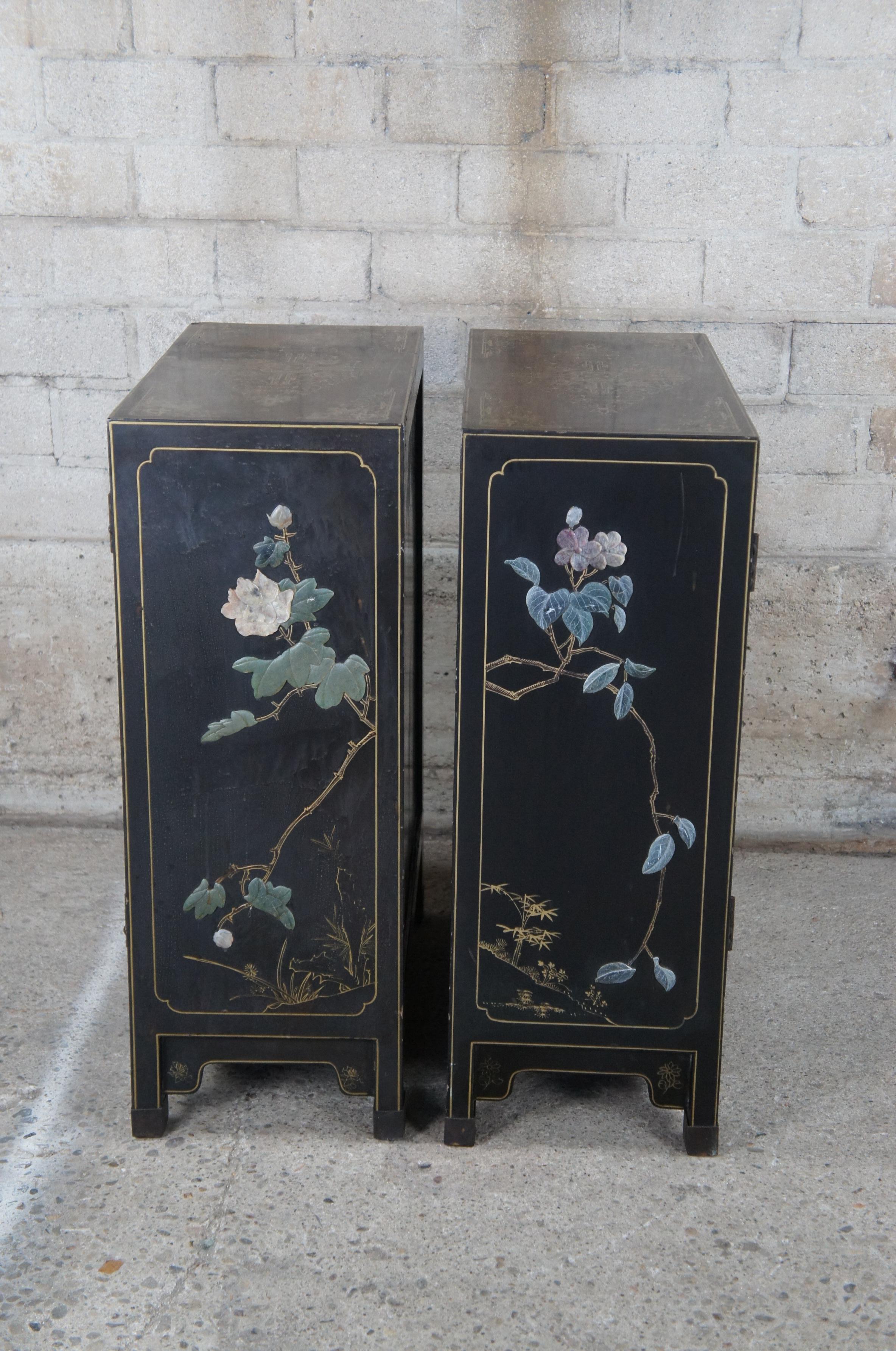 2 Chinese Export Black Lacquer Carved Soapstone Scholars Cabinets Console Chests For Sale 4