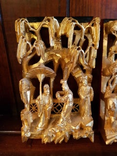 2 Chinese Gilded Wood Panels Depicting Persons and Temples