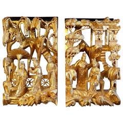 2 Chinese Gilded Wood Panels Depicting Persons and Temples