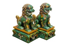 2 Chinese Green Sancai Glazed Porcelain Foo Dog Guardian Lion Statues 12"