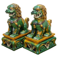 2 Chinese Green Sancai Glazed Porcelain Foo Dog Guardian Lion Statues 12"