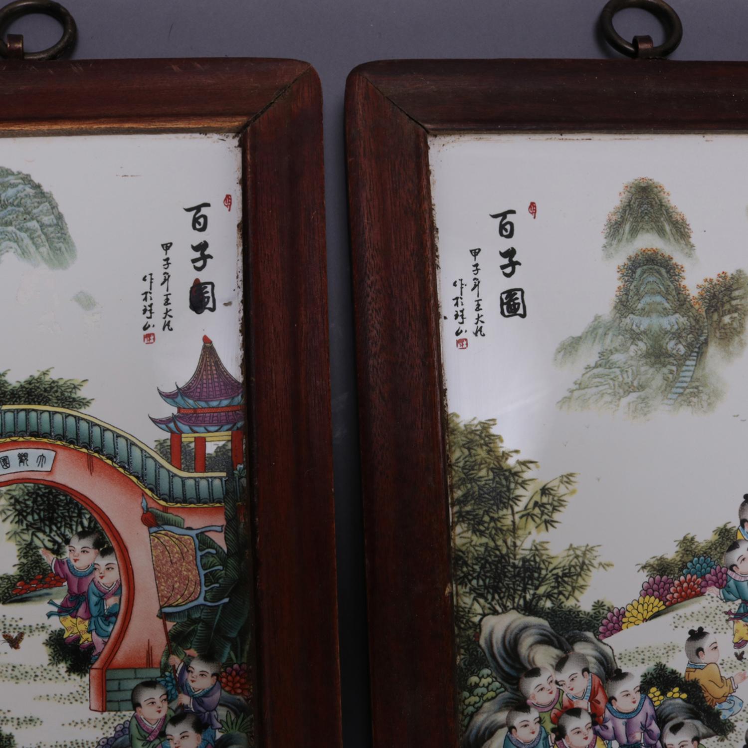 Hand-Painted 2 Chinese Hand Painted Pictorial Porcelain Tiles, Village Scenes, Signed