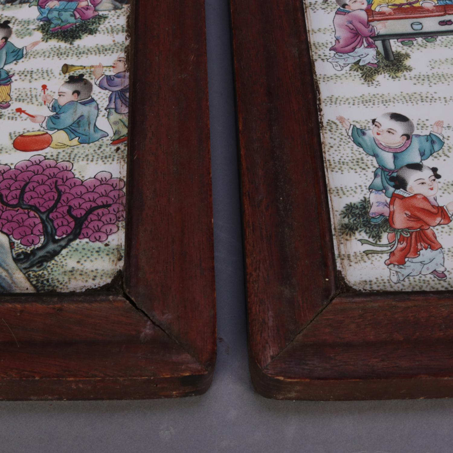 20th Century 2 Chinese Hand Painted Pictorial Porcelain Tiles, Village Scenes, Signed