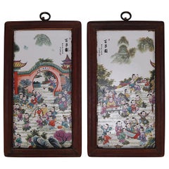 2 Chinese Hand Painted Pictorial Porcelain Tiles, Village Scenes, Signed