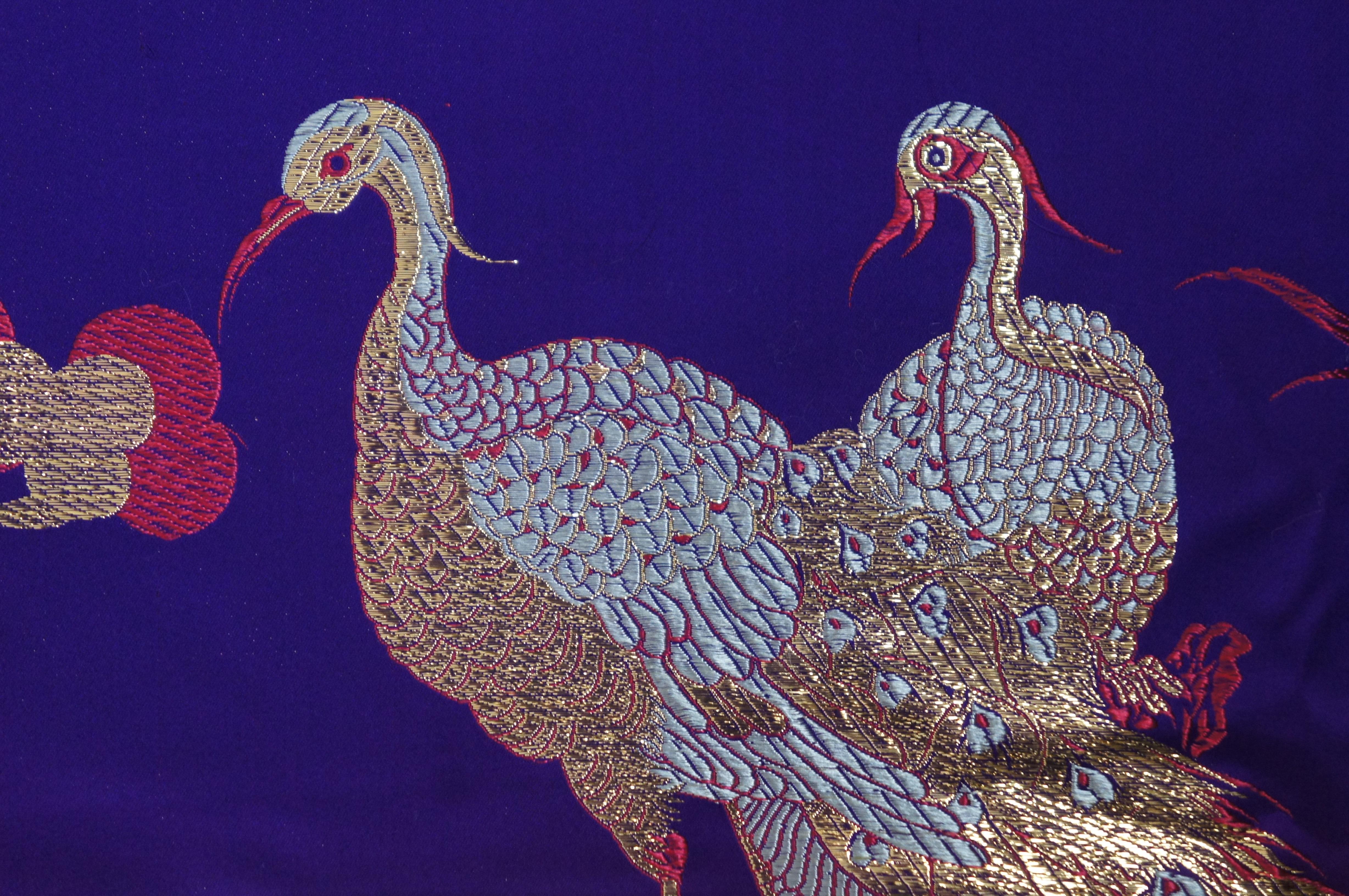 20th Century 2 Korean Metallic Silk Embroidered Peacock Dragon Textile Tapestry 83