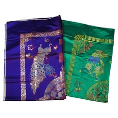 Vintage 2 Korean Metallic Silk Embroidered Peacock Dragon Textile Tapestry 83"