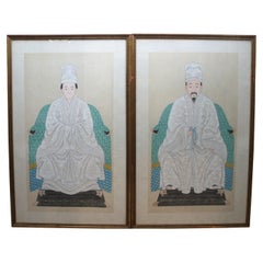 2 peintures de portraits d'ancêtres chinois Won Tai Mandarin & Femme 44"