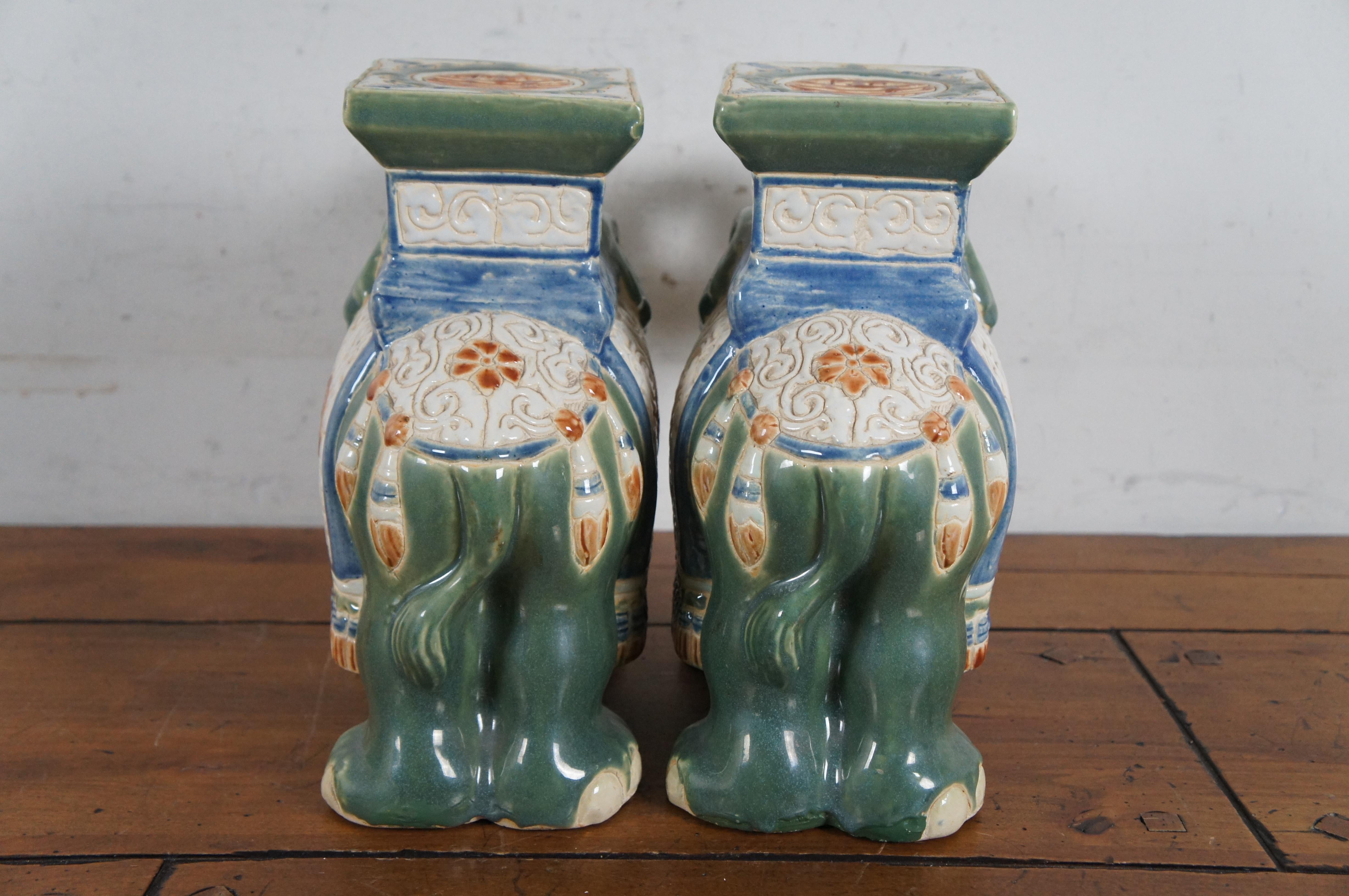 20th Century 2 Chinoiserie Polychrome Ceramic Elephant Plant Stands Garden Stools Statues