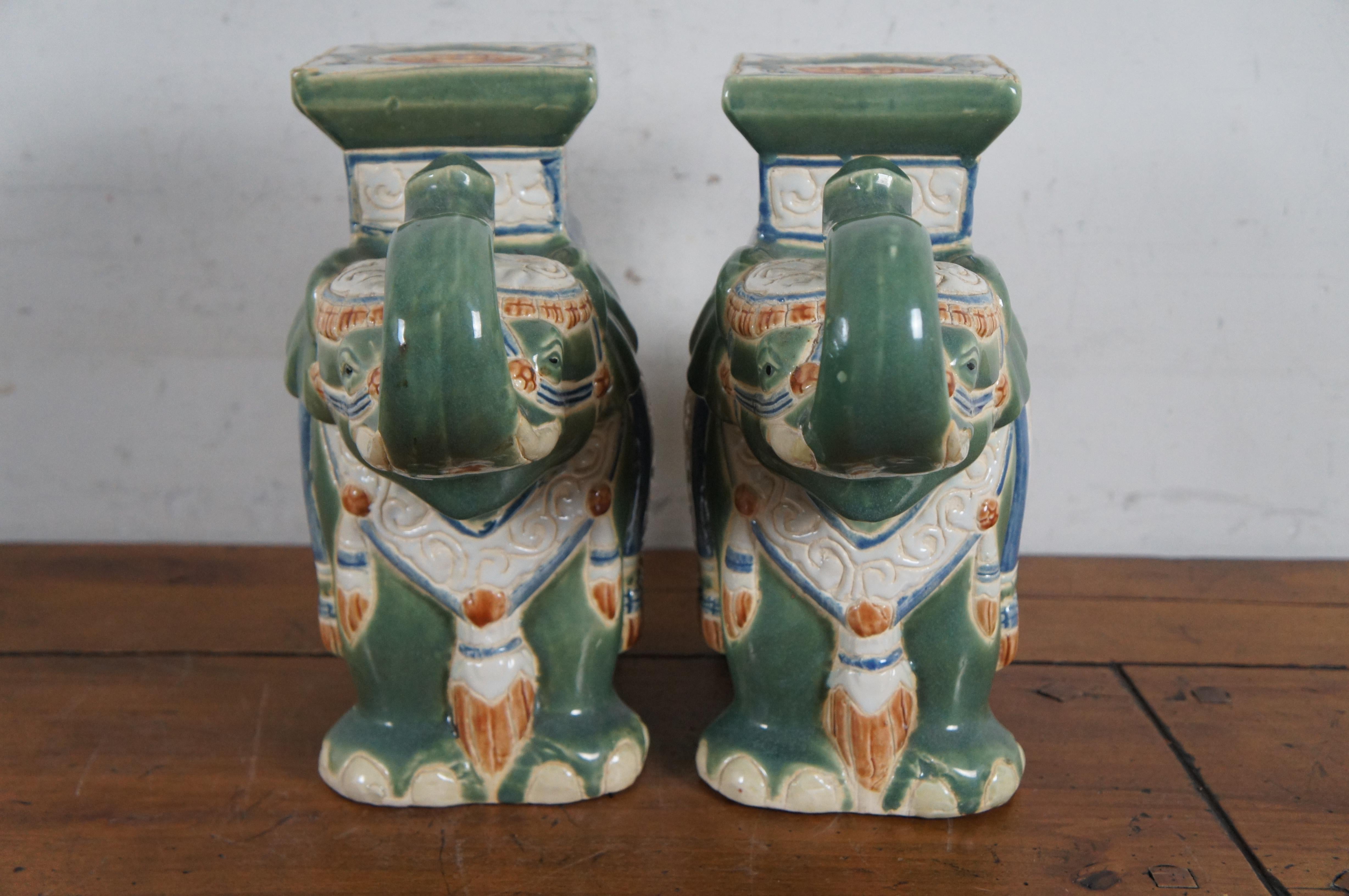 Porcelain 2 Chinoiserie Polychrome Ceramic Elephant Plant Stands Garden Stools Statues