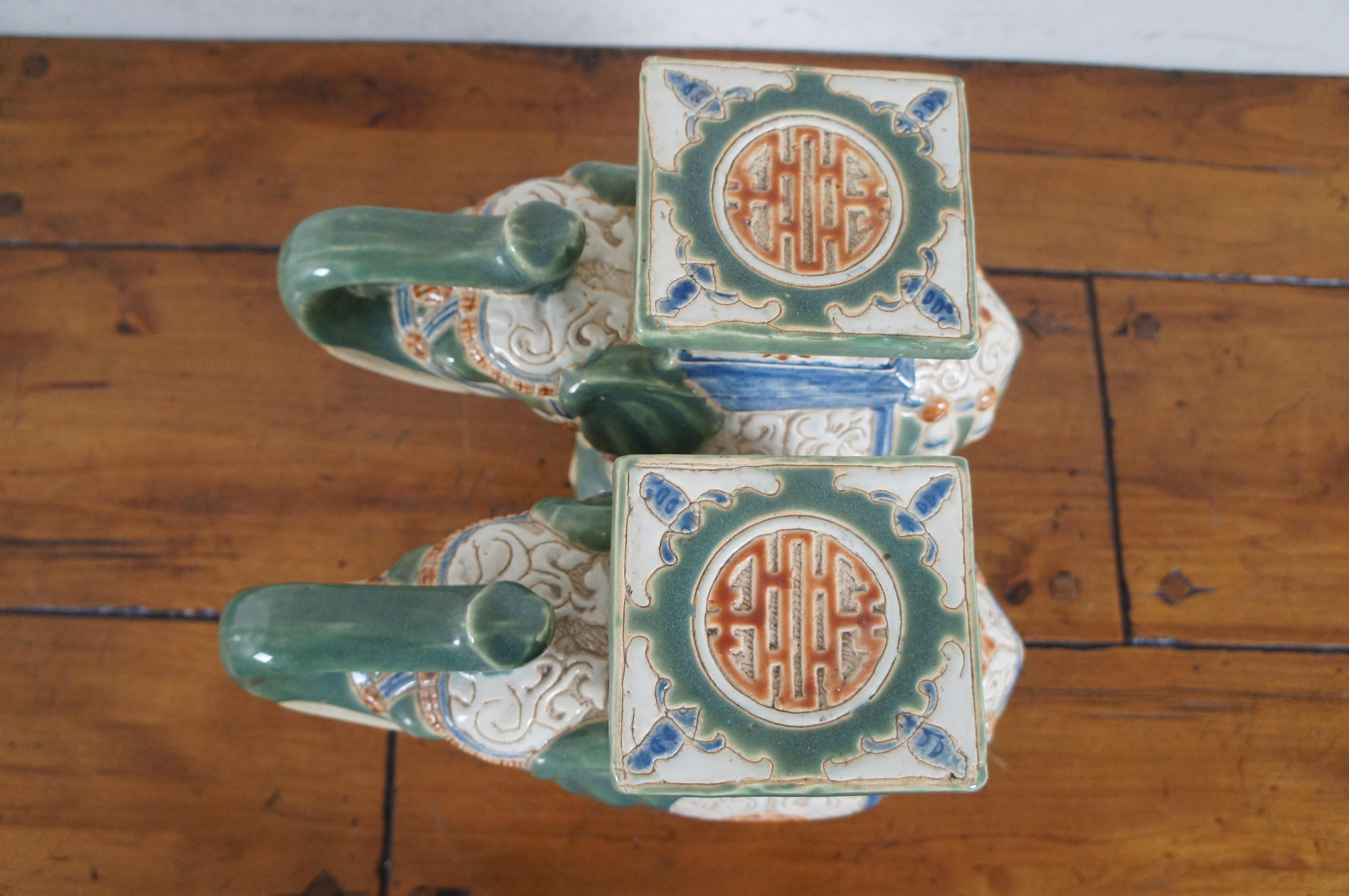 2 Chinoiserie Polychrome Ceramic Elephant Plant Stands Garden Stools Statues 1