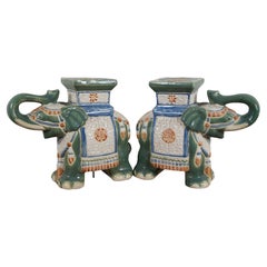 2 Chinoiserie Polychrome Ceramic Elephant Plant Stands Garden Stools Statues