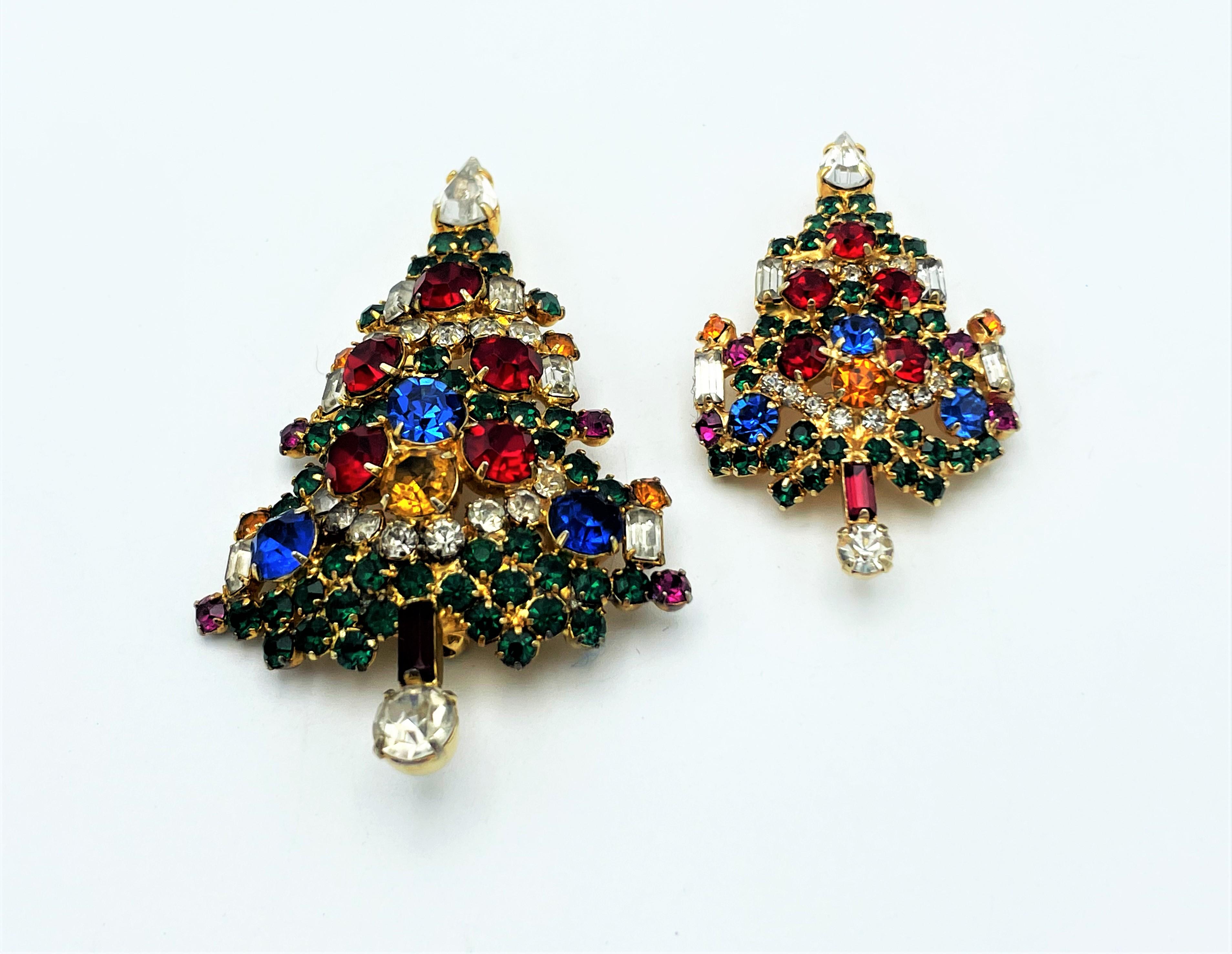 Romantic 2 Christmas tree brooches, rhinestones on large and small on signed Warner US