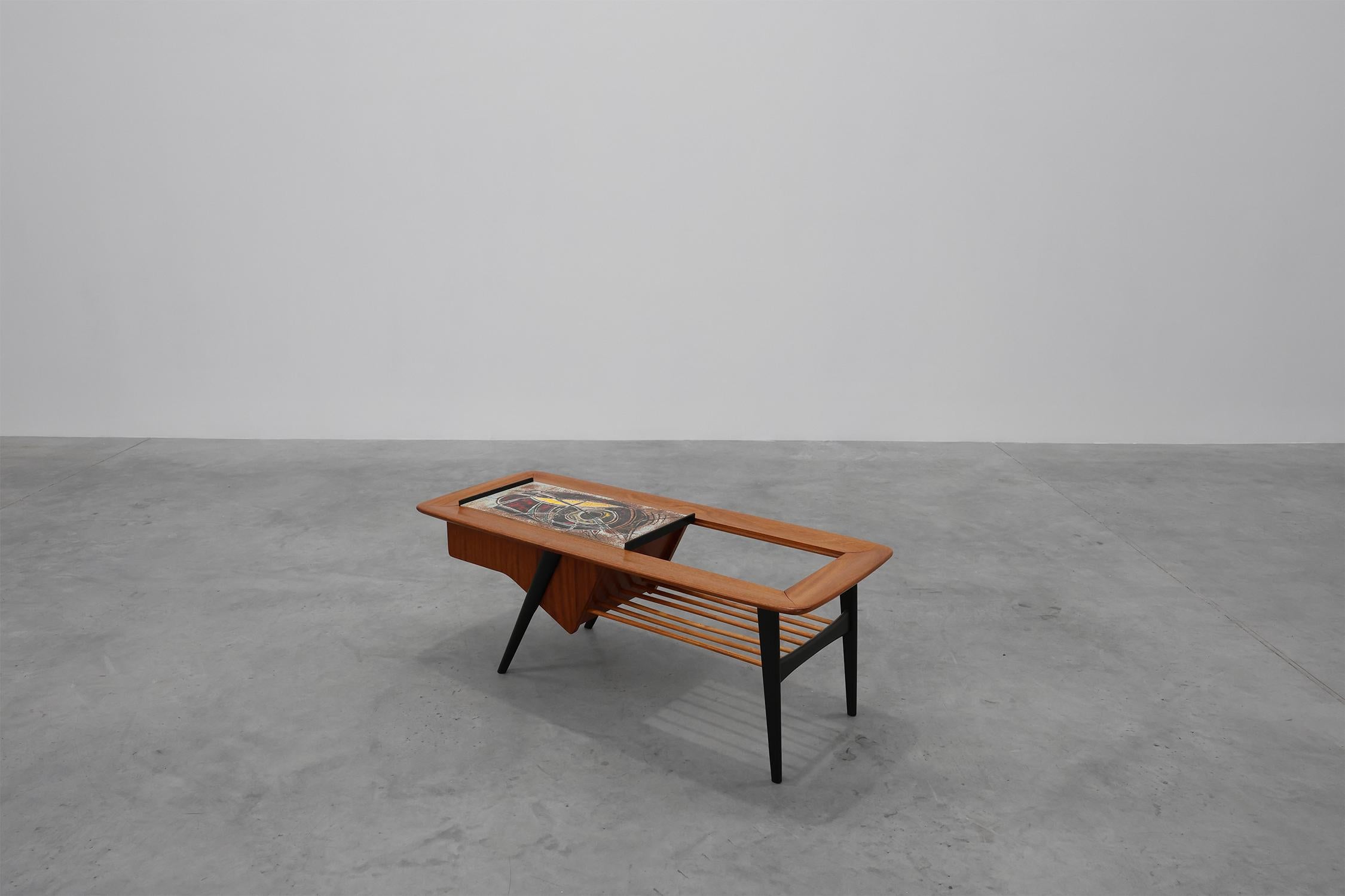 Belge 2 Coffee Tables model 210, teak wood and ceramic, by Alfred Hendrickx, Belform en vente