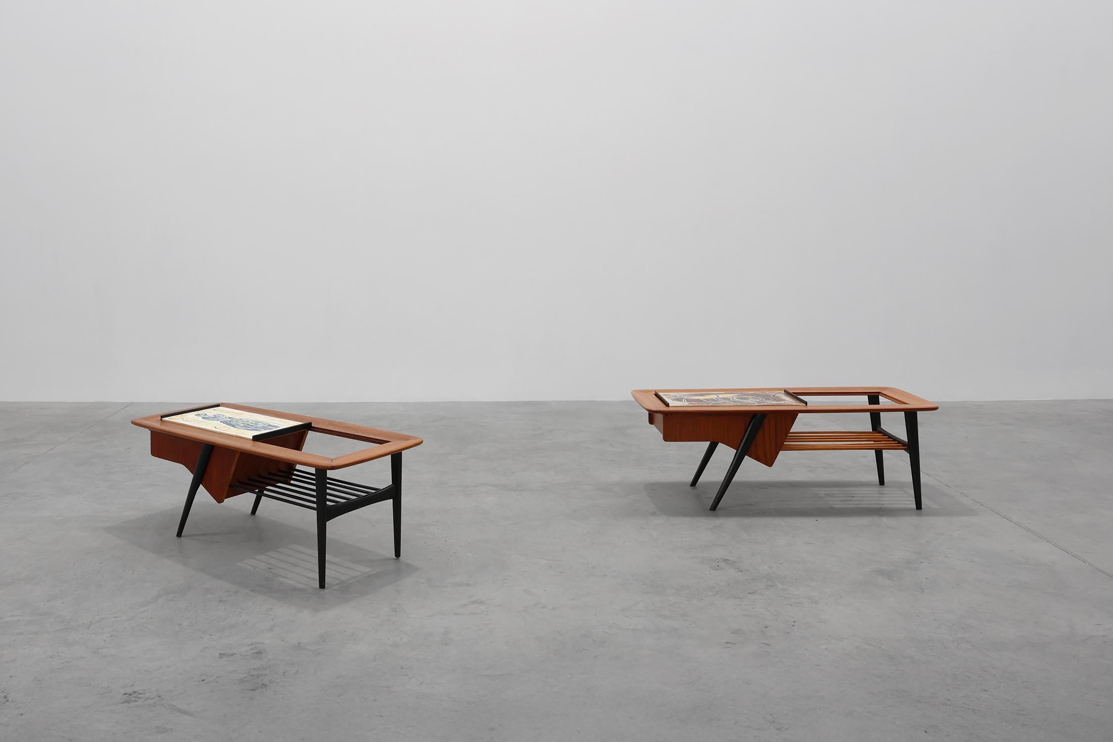 2 Coffee Tables model 210, teak wood and ceramic, by Alfred Hendrickx, Belform en vente 1