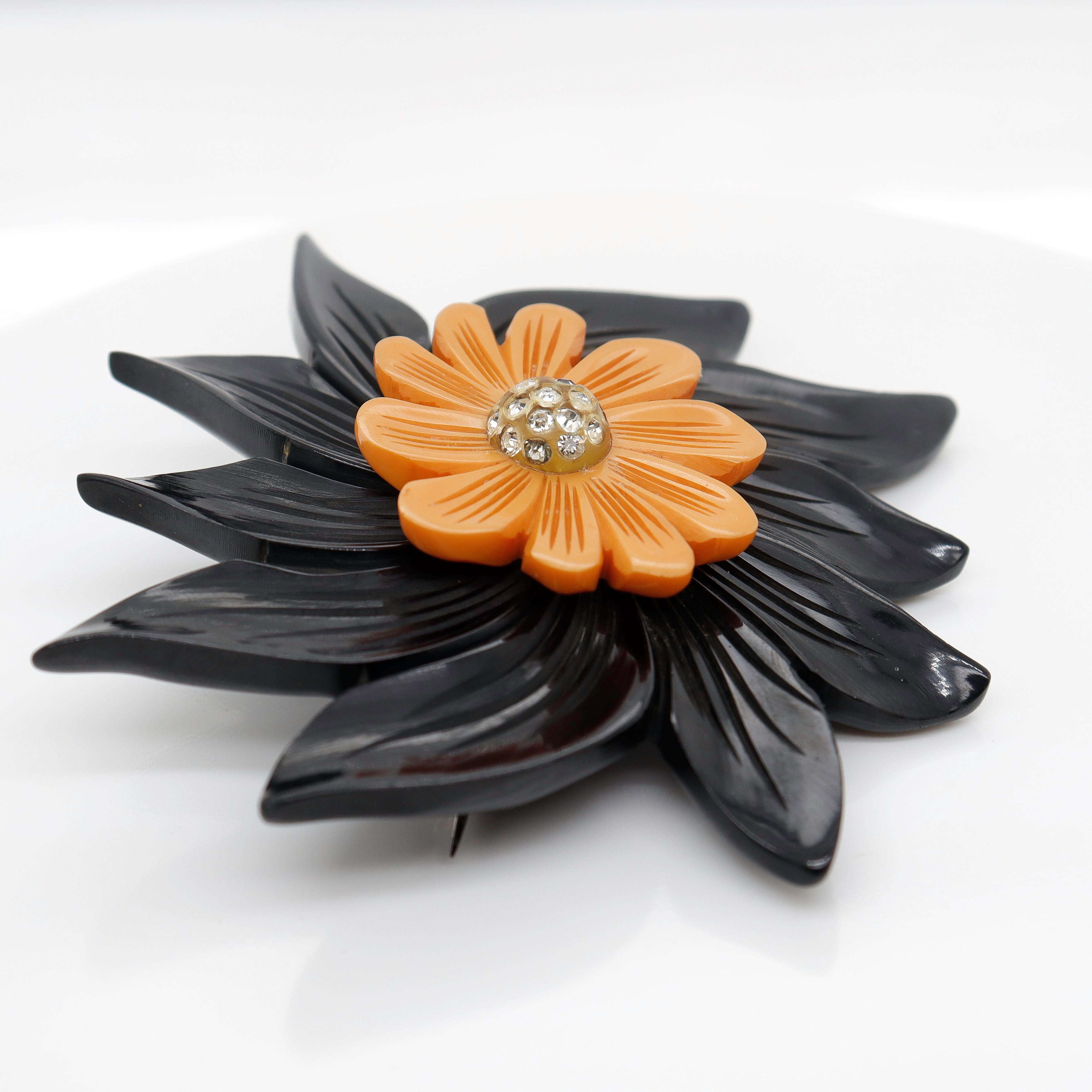 2-Color Black & Orange Bakelite Flower Brooch or Pin with Rhinestones In Good Condition For Sale In Philadelphia, PA