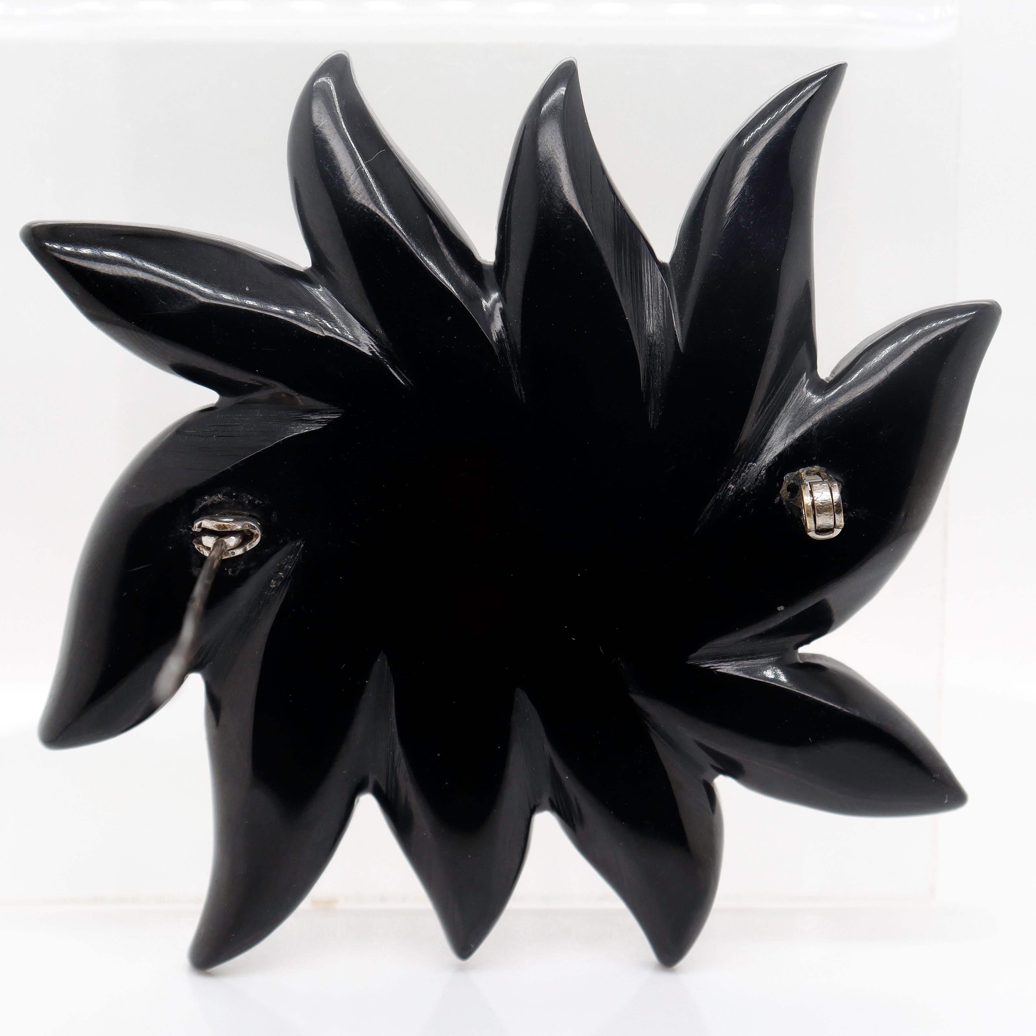 2-Color Black & Orange Bakelite Flower Brooch or Pin with Rhinestones For Sale 1