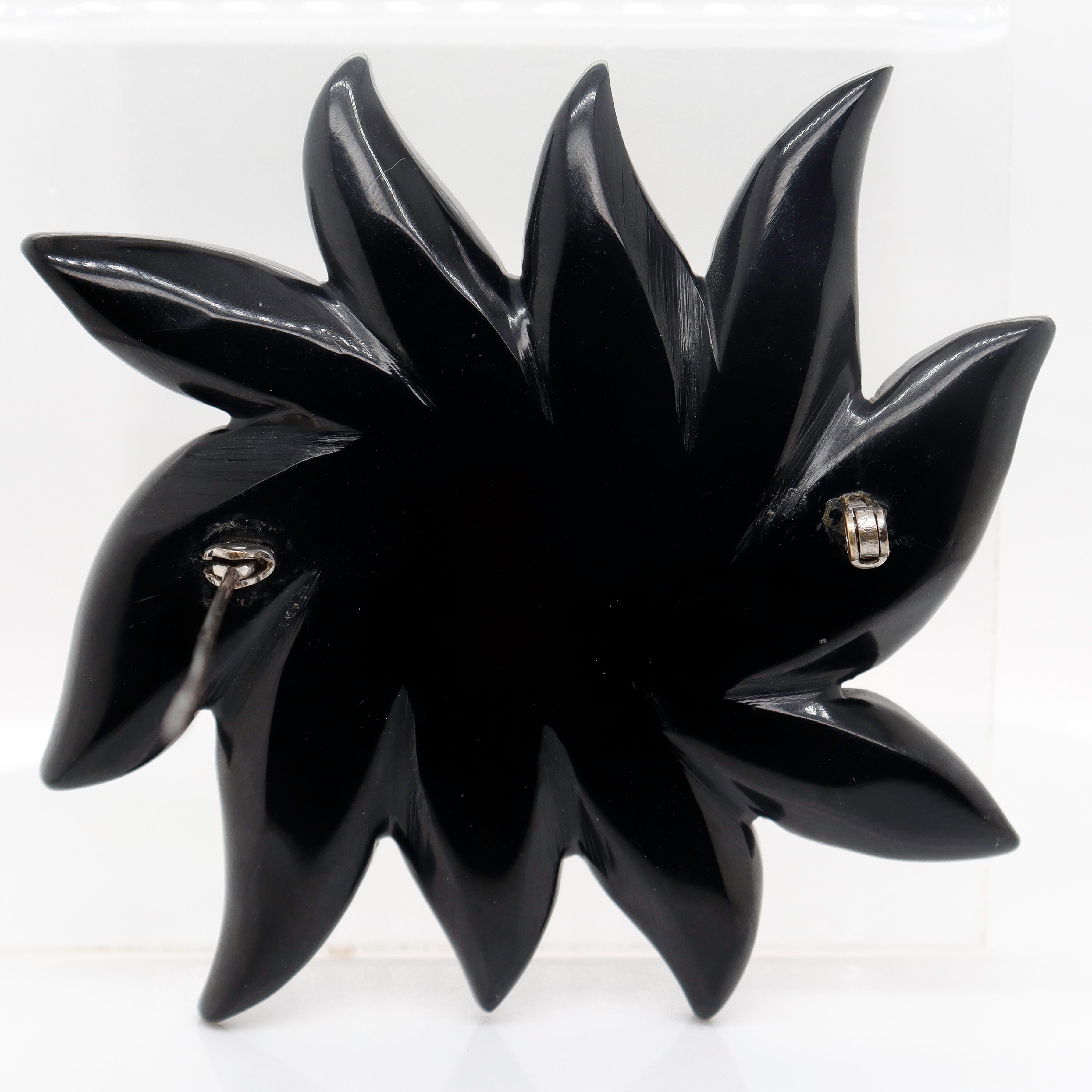 2-Color Black & Orange Bakelite Flower Brooch or Pin with Rhinestones 1